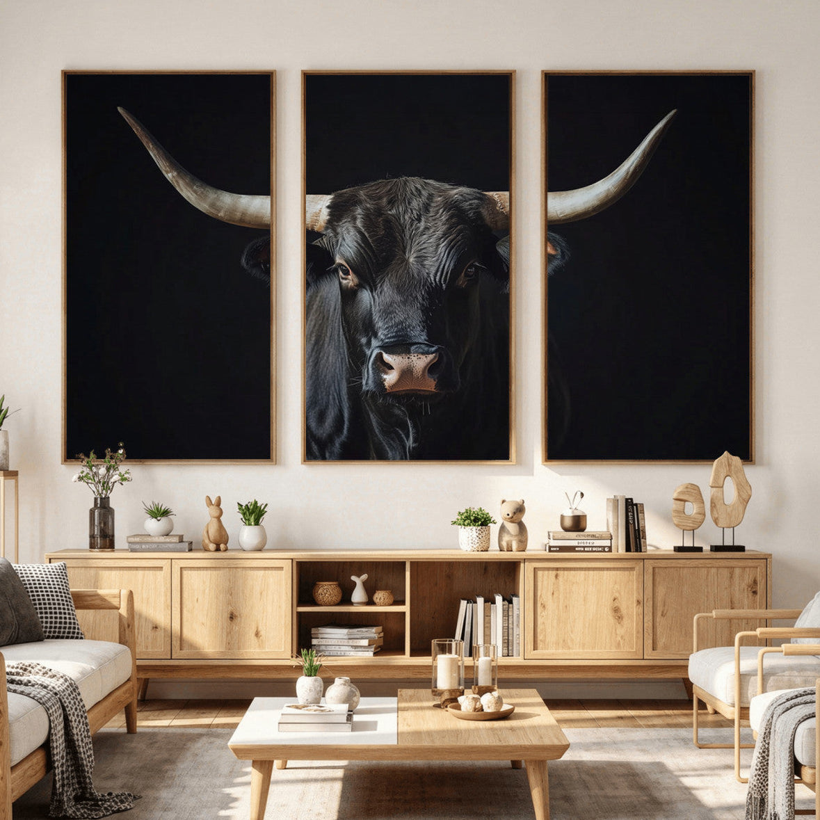 48065167-MGV-CV-36X24 - Texas Longhorn Bull Wall Art Canvas Print – Western Black Bull Art Print for Farmhouse Ranch Decor