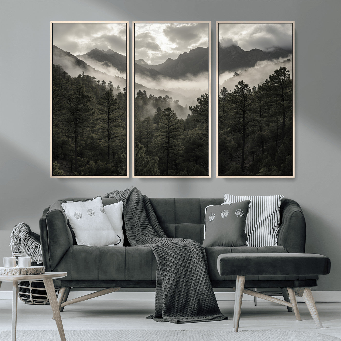 MGV-FC-48X32-3P - Misty Mountain Forest Wall Art – Canvas Print of Cloudy Peaks, Tranquil Pines, Enchanted Landscape, Majestic Nature Decor for Home or Office