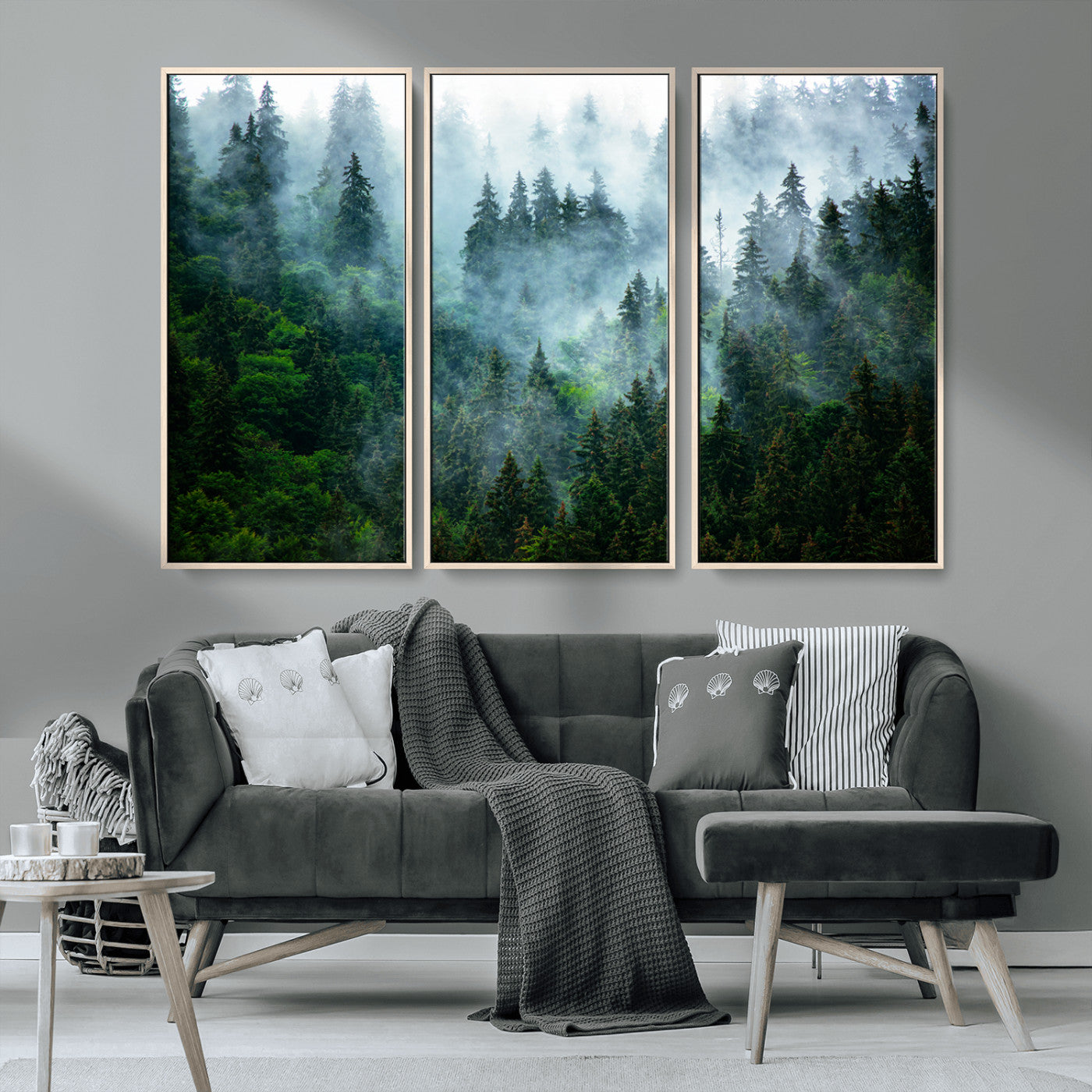 MGV-FC-48X32-3P - Misty Forest Art Wall Art Canvas Print, Framed Foggy Mountain Art Art Picture Print, Scenic Wall
