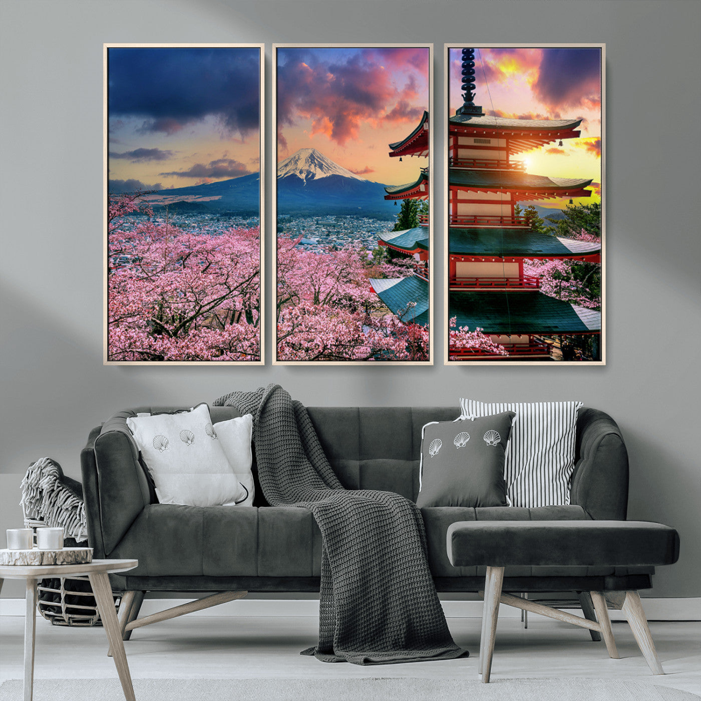 MGV-FC-48X32-3P - Mount Fuji & Cherry Blossom Wall Art Canvas Print – Iconic Japanese Landscape, Sakura Pagoda Sunset,
