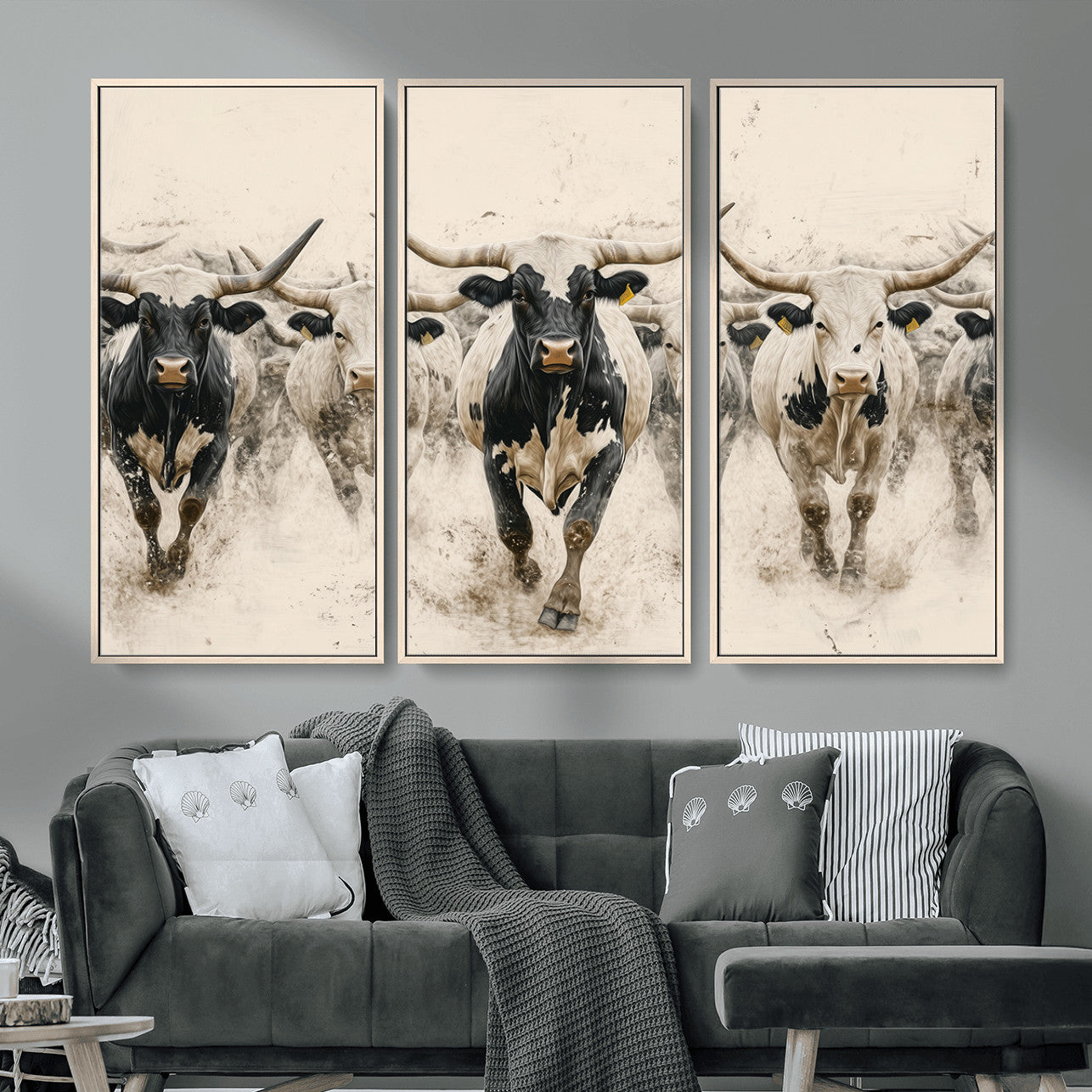 MGV-FC-48X32-3P - Cream Dust Longhorn Wall Art – Canvas Print of Western Herd Stampede, Dynamic Charge, Rustic Prairie Motion, Bold Nature Farm Decor