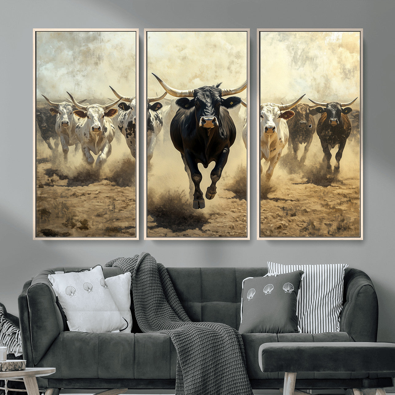 MGV-FC-48X32-3P - Running Cattle Wall Art – Canvas Print of Western Herd, Dust Stampede, Longhorns, Wild West Ranch, Bold Rustic Farm Decor for Home or Office