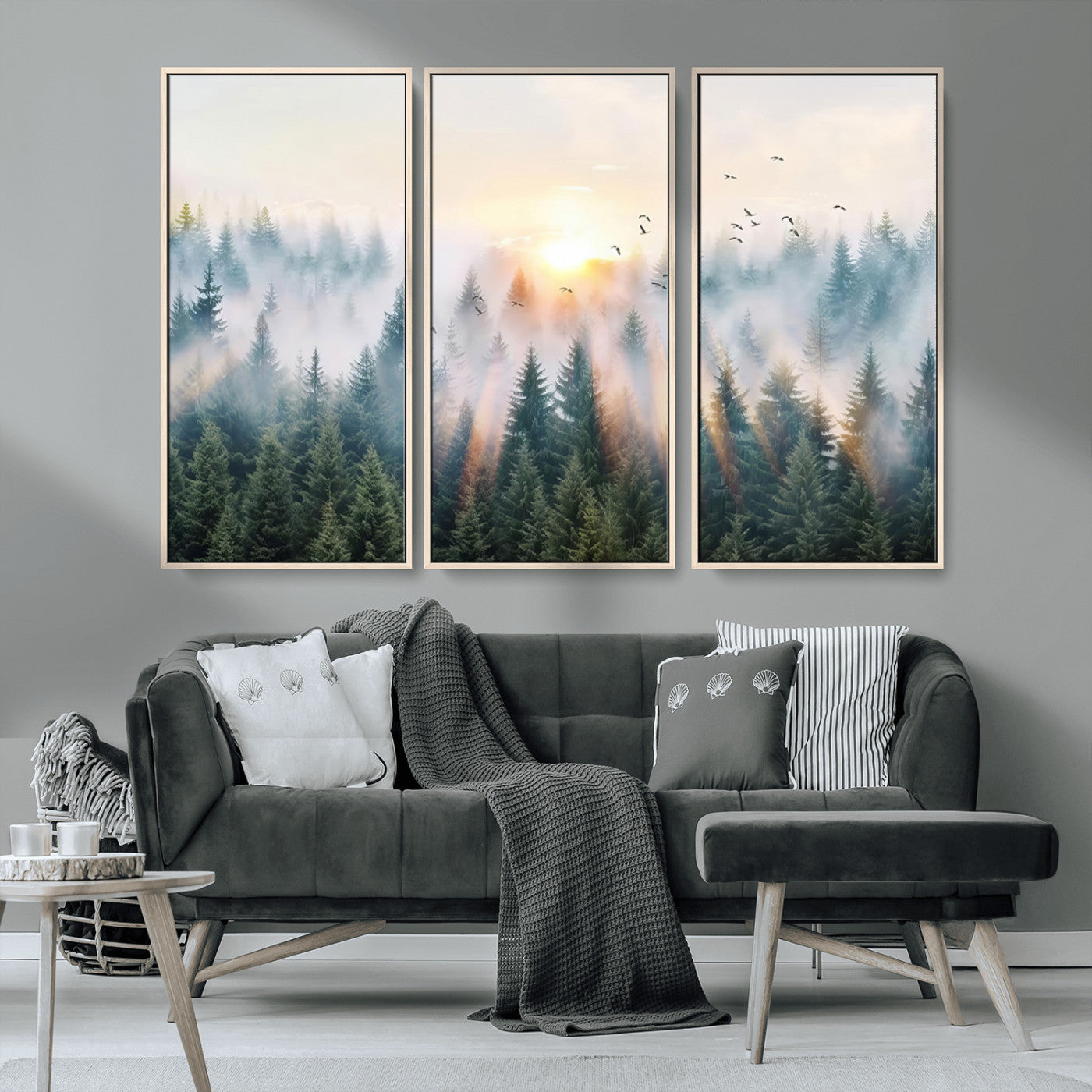 MGV-FC-48X32-3P - Misty Pine Forest Wall Art Canvas, Sunrise Over Foggy Trees Canvas for Home - Office, Framed