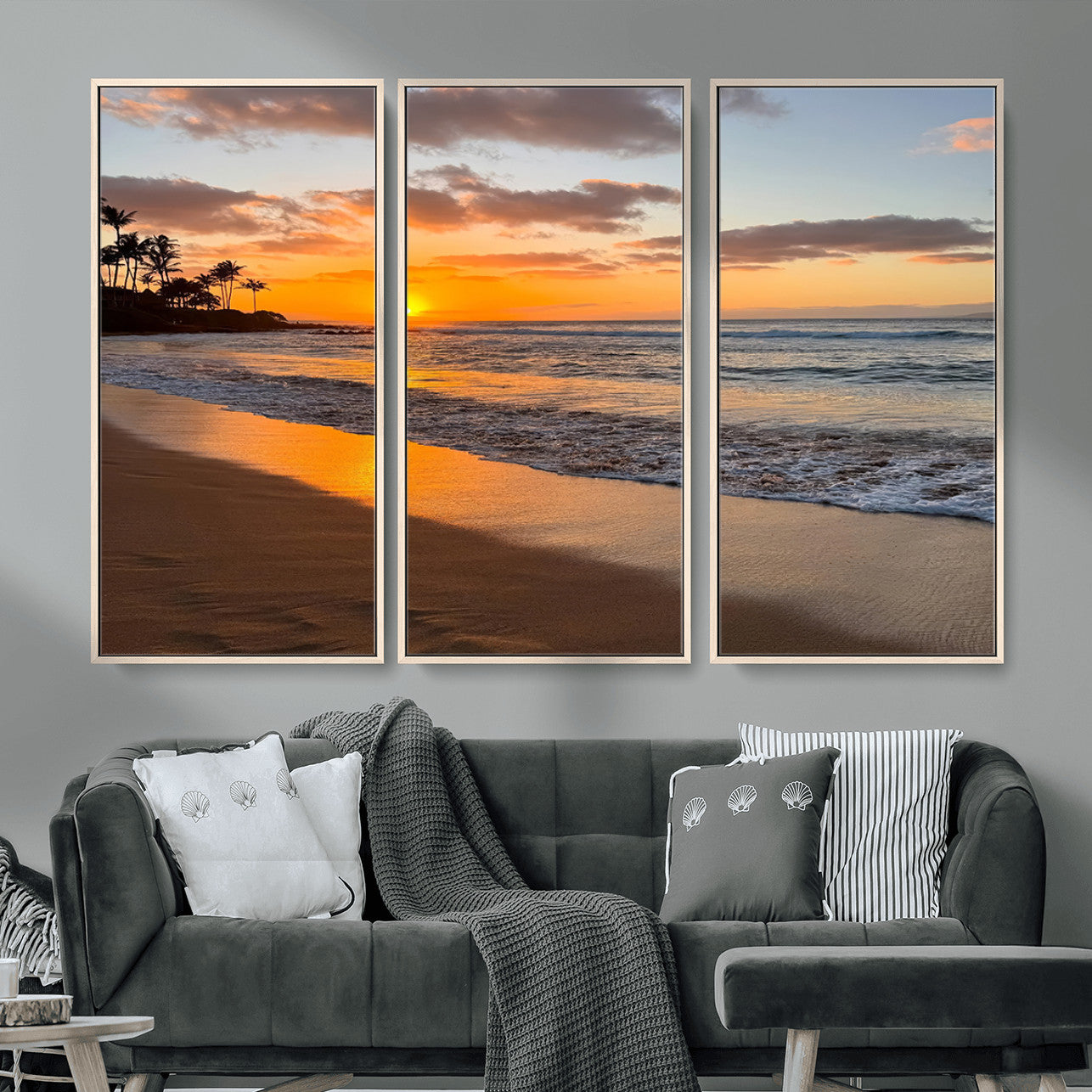MGV-FC-48X32-3P - Sunset Glow Wall Art – Canvas Print of Ocean Breeze, Golden Sand, Tropical Palm Silhouettes, Tranquil Waves, Beach Nature Decor for Home