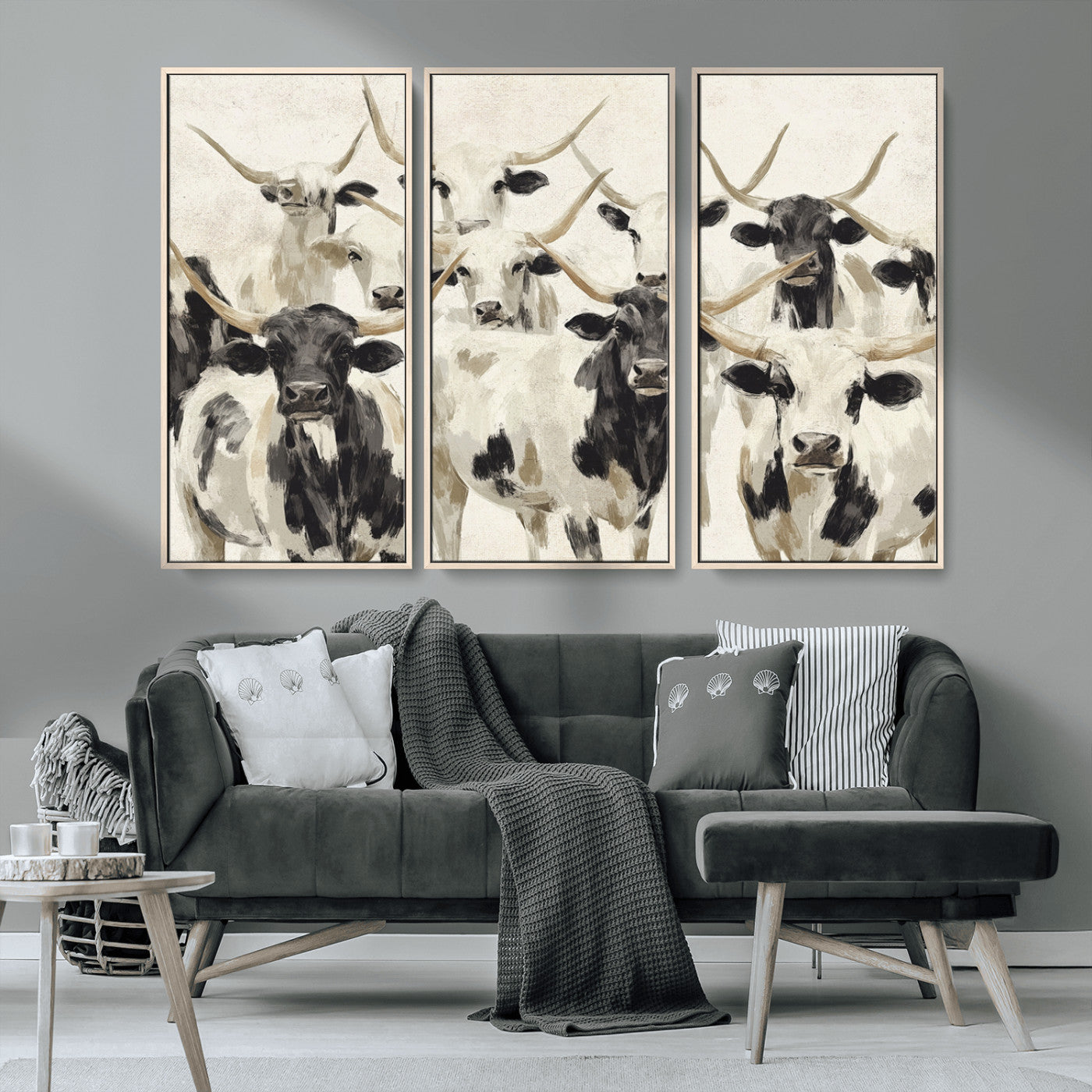 MGV-FC-48X32-3P - Longhorn Texas Cow Drawing Abstract Wall Art Canvas Print for Farmhouse Decor, Texas Bull Printing