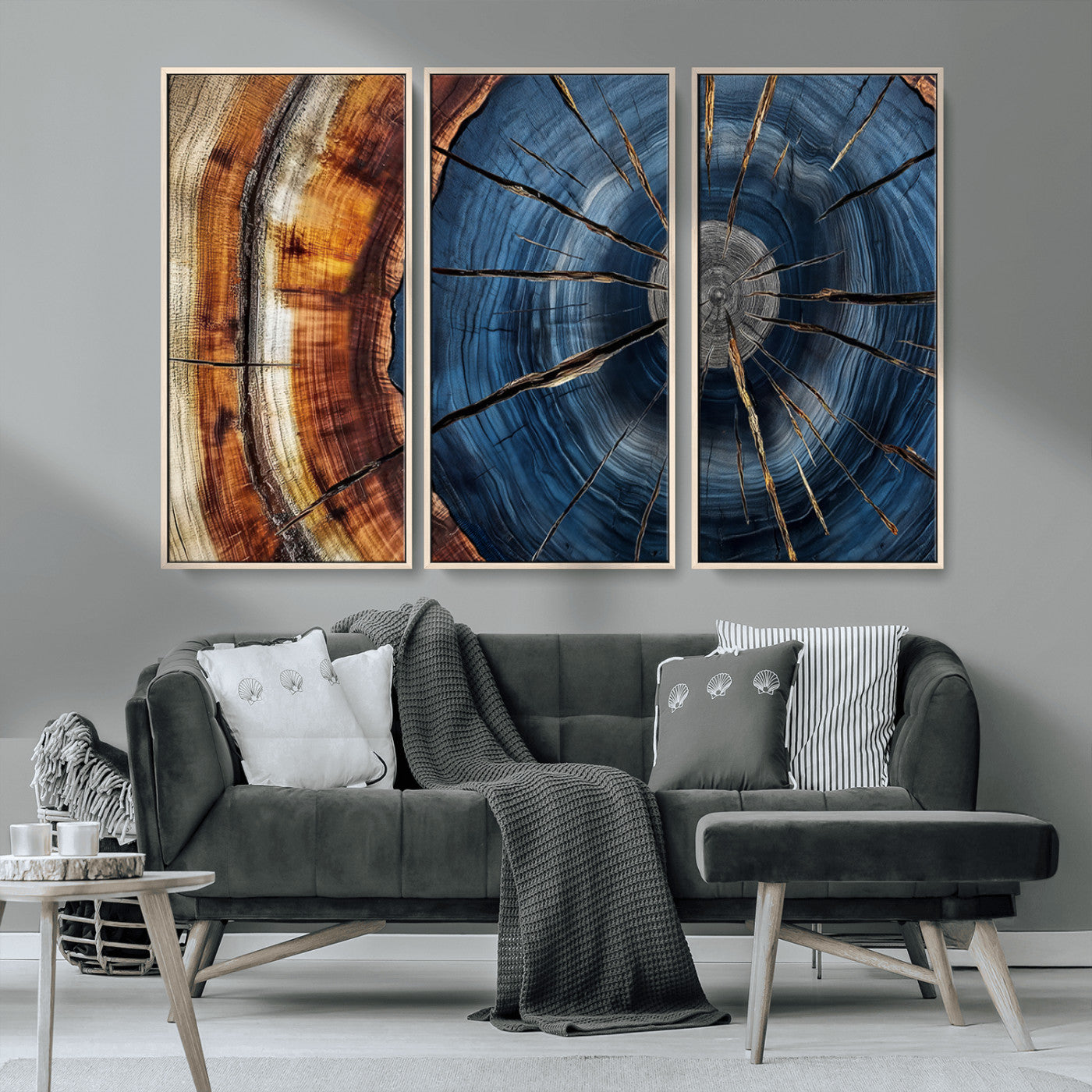 MGV-FC-48X32-3P - Framed Abstract Tree Ring Wall Art Print, Natural Rustic Wood Texture Canvas Print, Wood Tree Stump