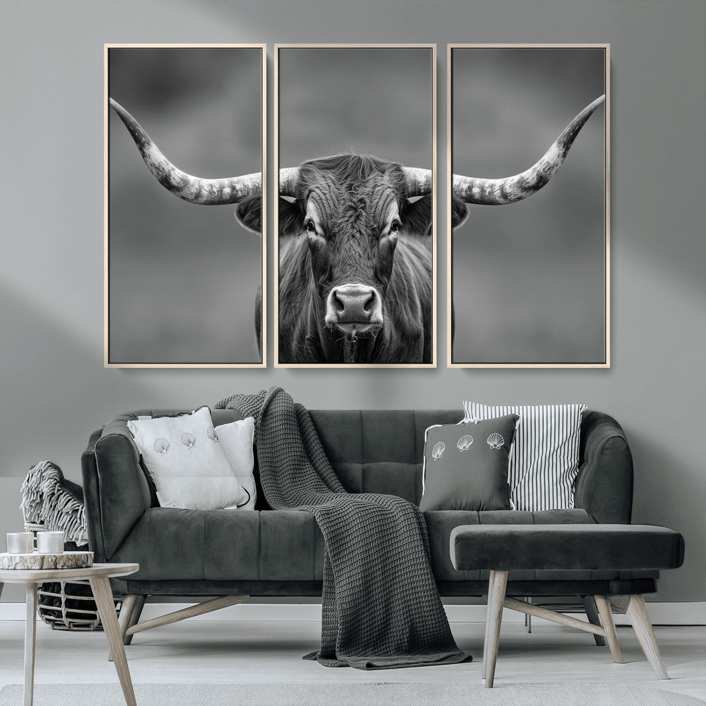 MGV-FC-48X32-3P - Framed Texas Longhorn Bull Art Canvas Print, Western Bull Wall Art Print, Long Horn Bull Photo Print