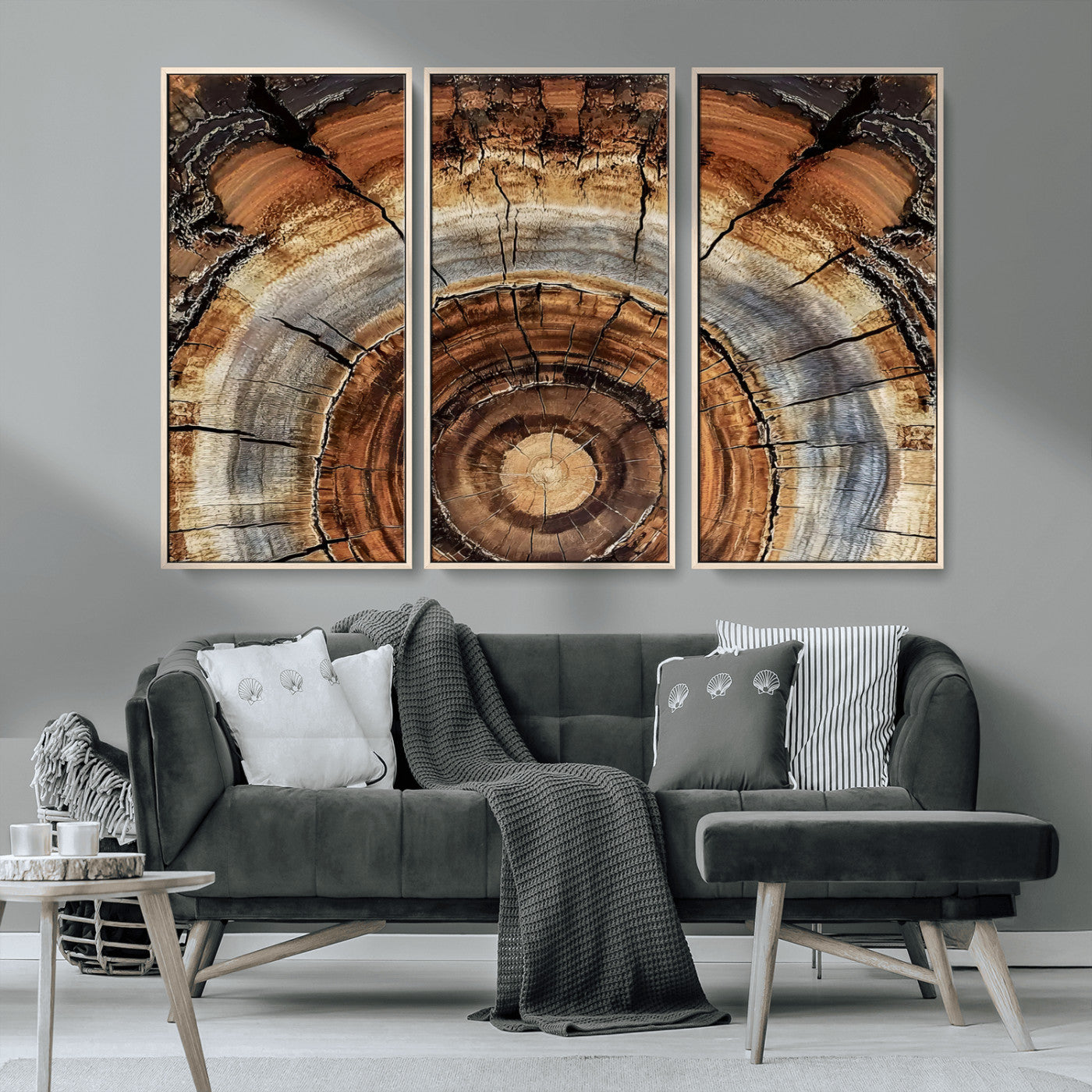 MGV-FC-48X32-3P - Tree Rings Wall Art Canvas Print, Framed Wood Texture Art Picture Print, Rustic Pattern Perfect Rustic Organic Decor Artwork