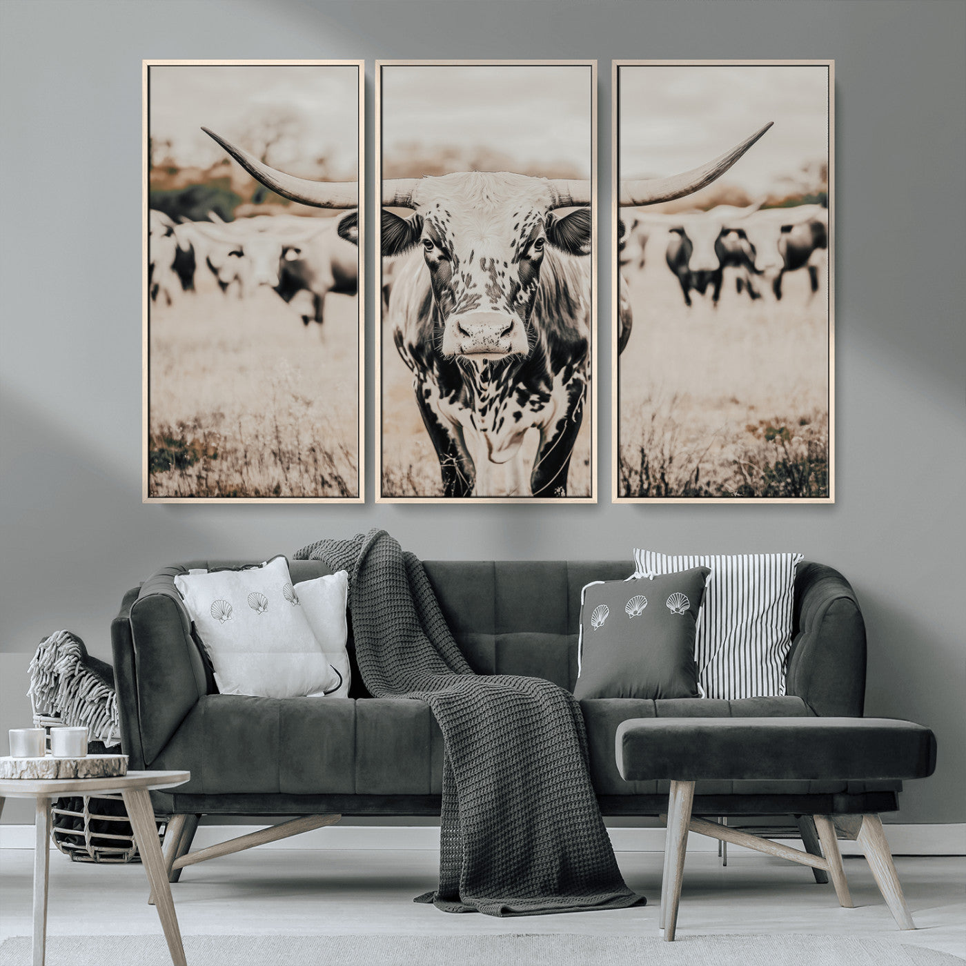 MGV-FC-48X32-3P - Texas Longhorn Wall Art Canvas Print, Framed Speckled Cow Art Picture Print, Horned Cattle Perfect Rustic Western Decor Artwork