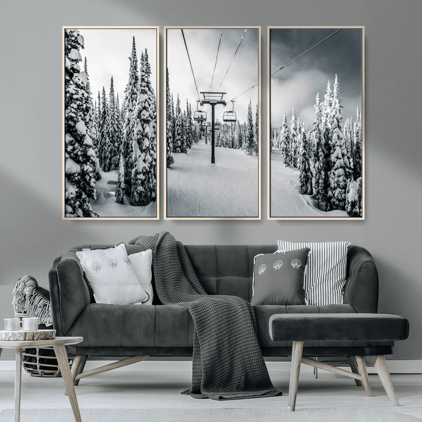 MGV-FC-48X32-3P - Snowy Pines Wall Art Canvas Print, Framed Ski Lift Art Picture Print, Winter Forest Perfect Moody Lodge Decor Artwork