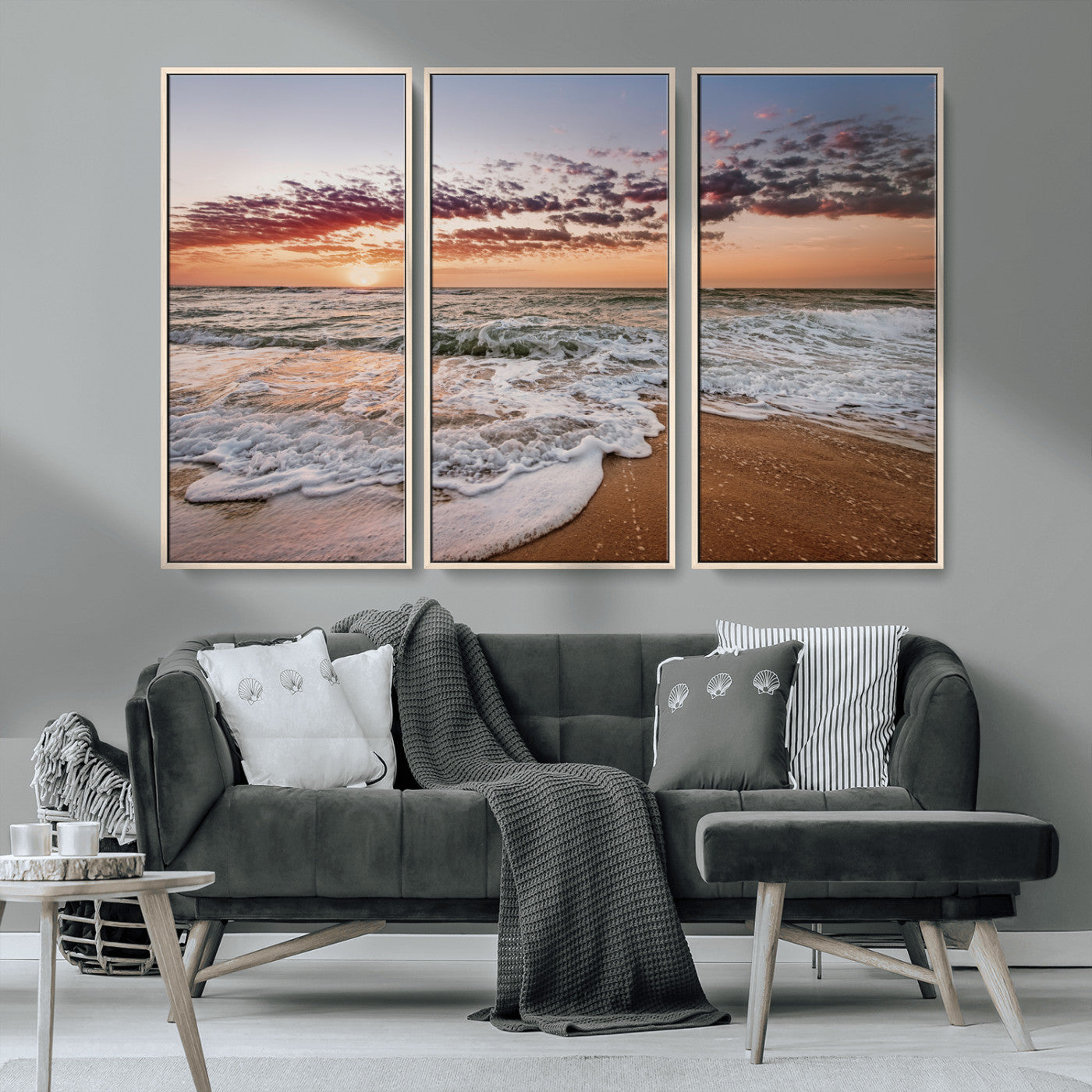 MGV-FC-48X32-3P - Ocean Sunset Wall Art Canvas Print, Framed Sandy Shore Art Picture Print, Gentle Waves Perfect Minimalist Coastal Decor Artwork
