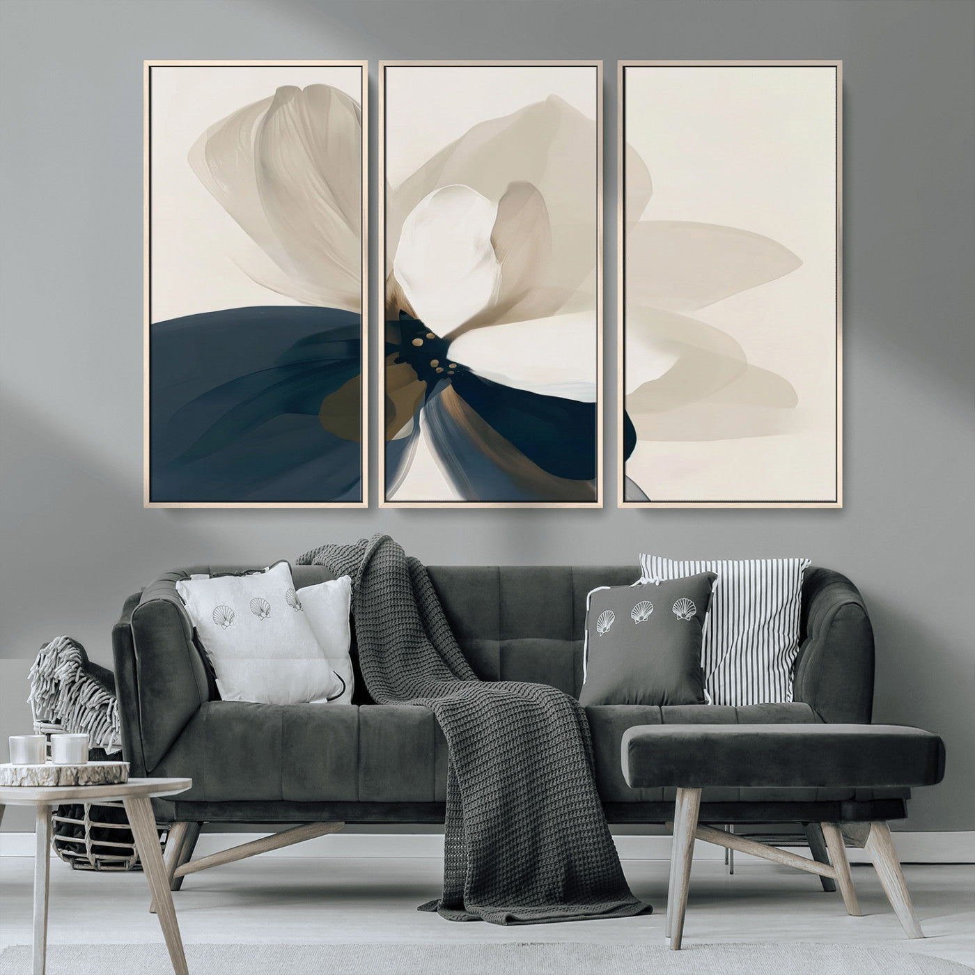 MGV-FC-48X32-3P - Minimal Flower Wall Art Canvas Print, Framed Flower Drawing Art Picture Print, Beige Bloom Perfect Modern Botanical Decor Artwork