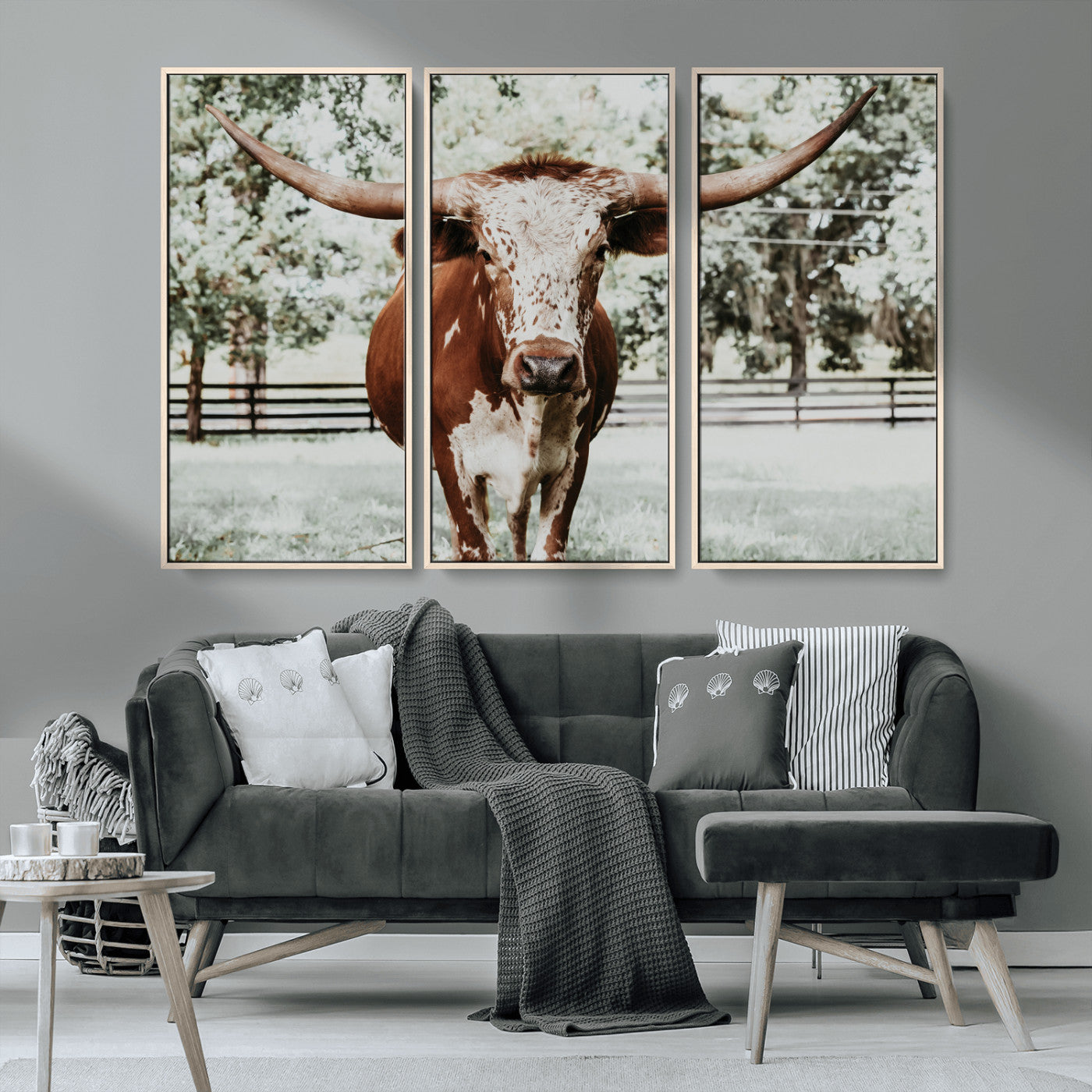MGV-FC-48X32-3P - Texas Longhorn Wall Art Canvas Print, Framed Spotted Cow Art Picture Print, Horned Cattle Perfect Rustic Western Decor Artwork