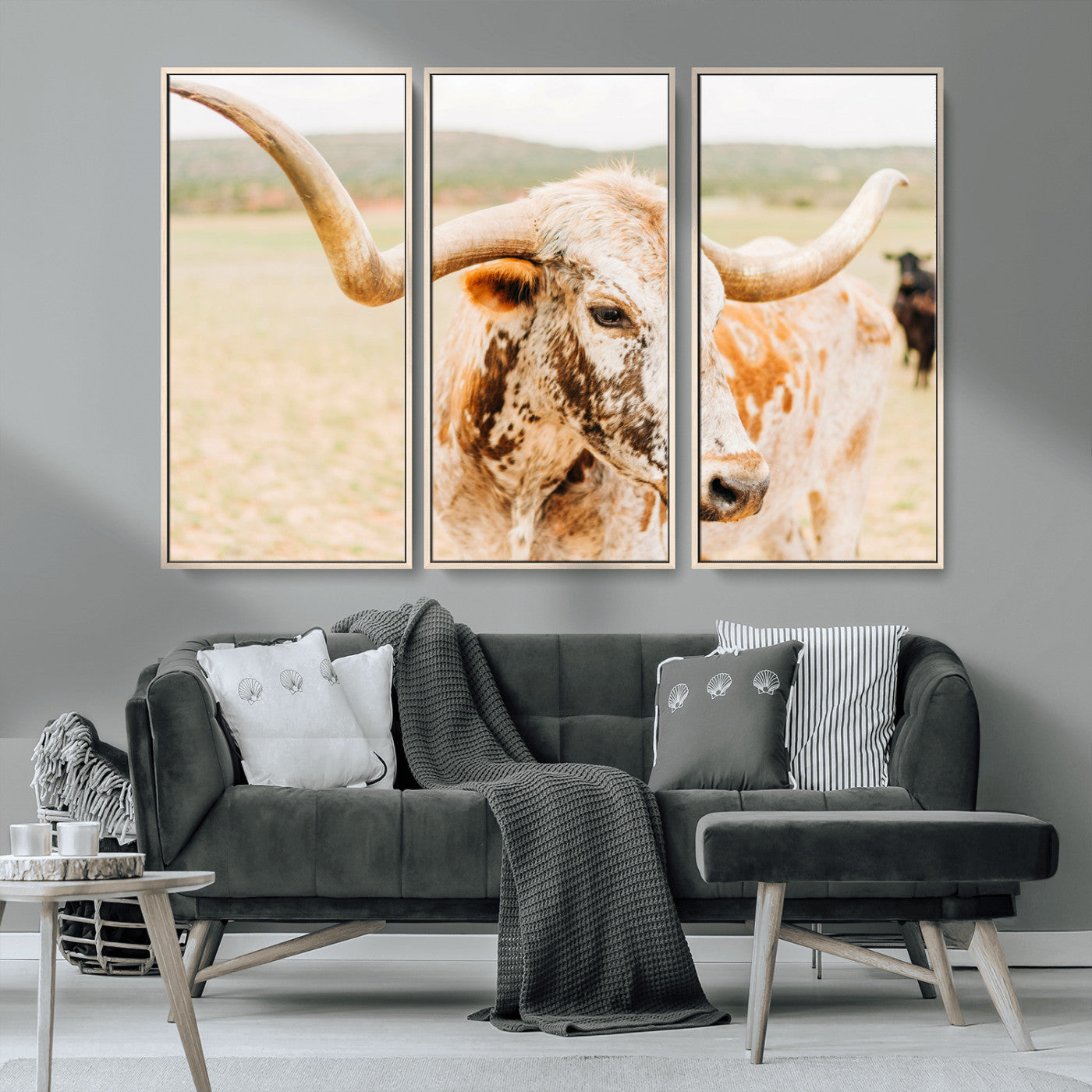 MGV-FC-48X32-3P - Texas Longhorn Wall Art Canvas Print, Framed Spotted Cow Art Picture Print, Horned Cattle Perfect Rustic Western Decor Artwork