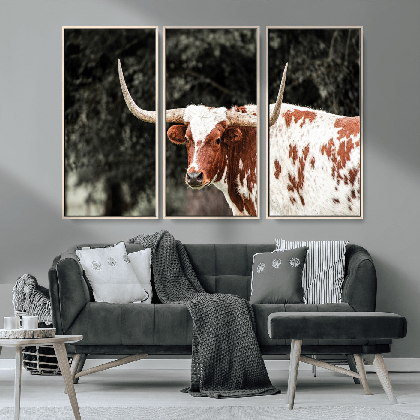 MGV-FC-48X32-3P - Texas Longhorn Wall Art Canvas Print, Framed Spotted Cow Art Picture Print, Horned Bull Perfect Rustic Western Decor Artwork