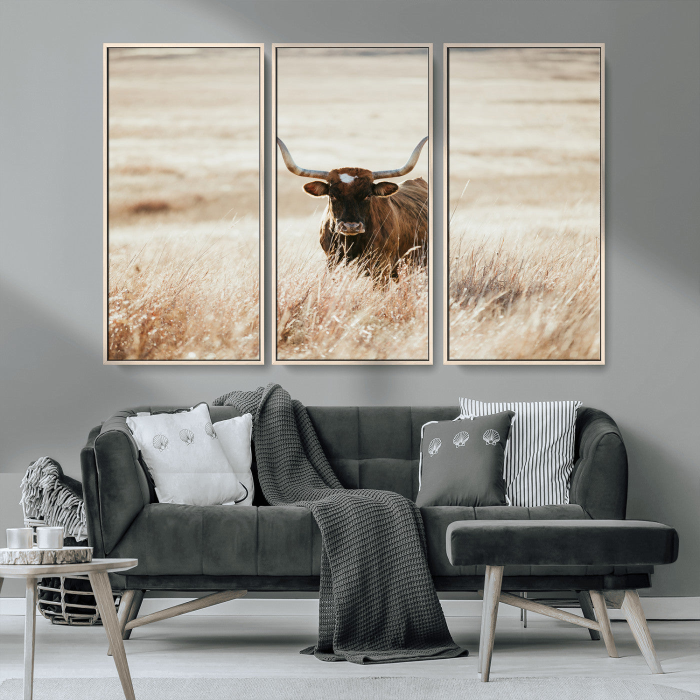 MGV-FC-48X32-3P - Texas Longhorn Wall Art Canvas Print, Framed Brown Cattle Art Picture Print, Horned Bull Perfect Rustic Western Decor Artwork