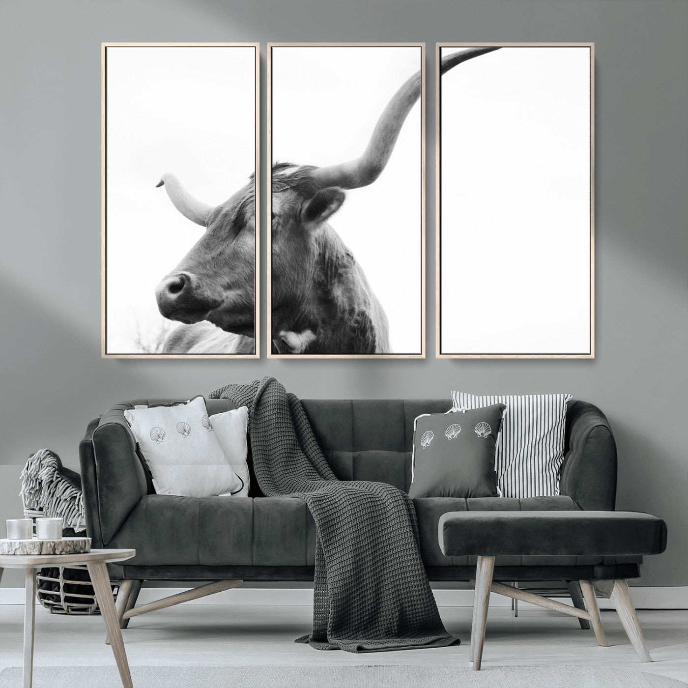 MGV-FC-48X32-3P - Longhorn Wall Art Wall Art Canvas Print, Framed Modern Ranch Style Art Art Picture Print, Monochrome Cow Print Perfect Rustic Western Decor Artwork