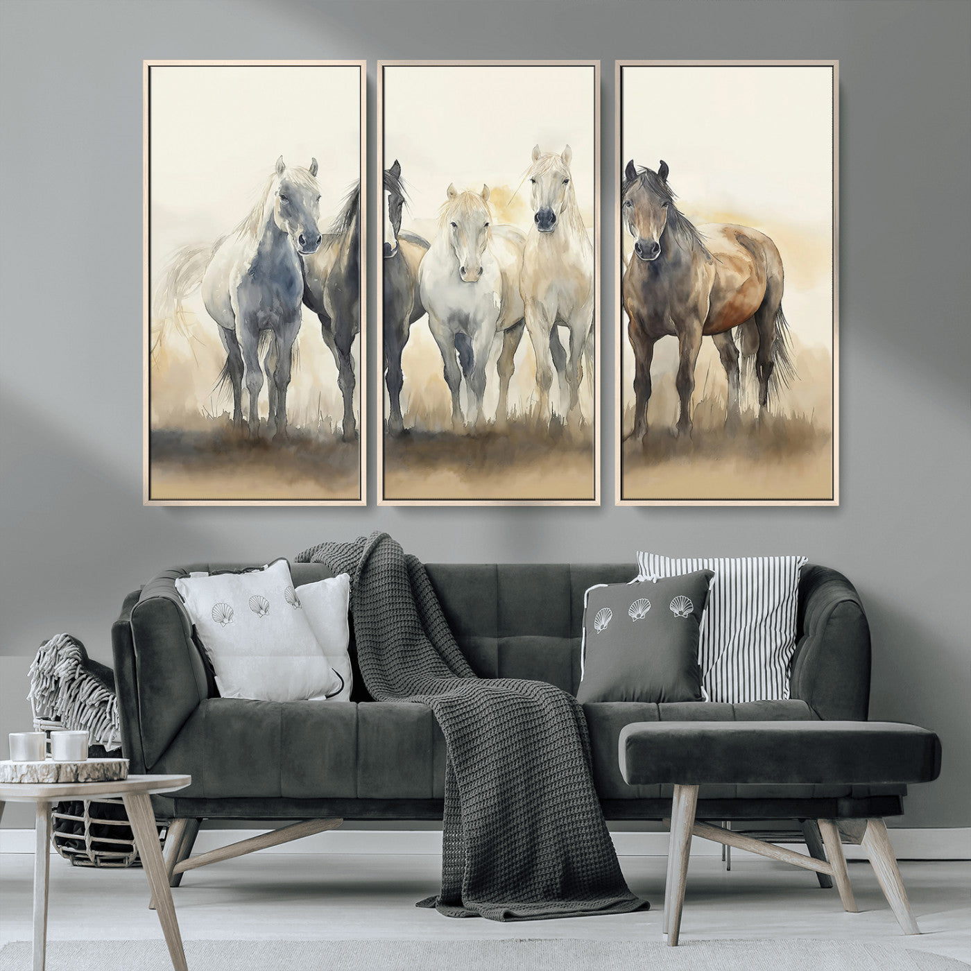 MGV-FC-48X32-3P - Wild Horses Wall Art Canvas Print, Framed Running Horses Art Picture Print, Watercolor Horses Perfect Rustic Western Decor Artwork