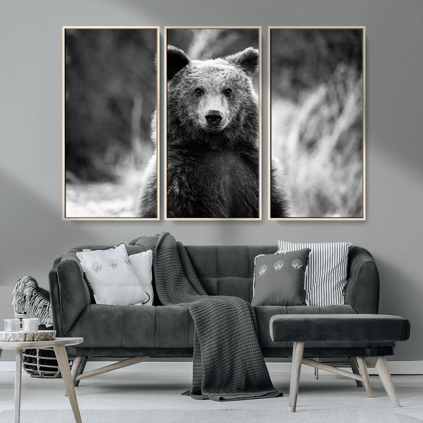 MGV-FC-48X32-3P - Grizzly Bear Wall Art Canvas Print, Framed Black White Bear Art Picture Print, Wild Bear Perfect Rustic Wildlife Decor Artwork