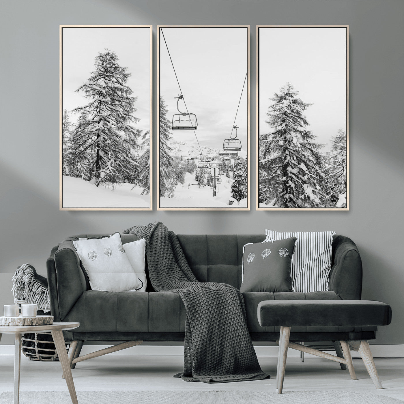 MGV-FC-48X32-3P - Wall Art Canvas Print Winter Chairlift Views Silent Snow-Covered Pines Mountain Calm Serenity Frozen