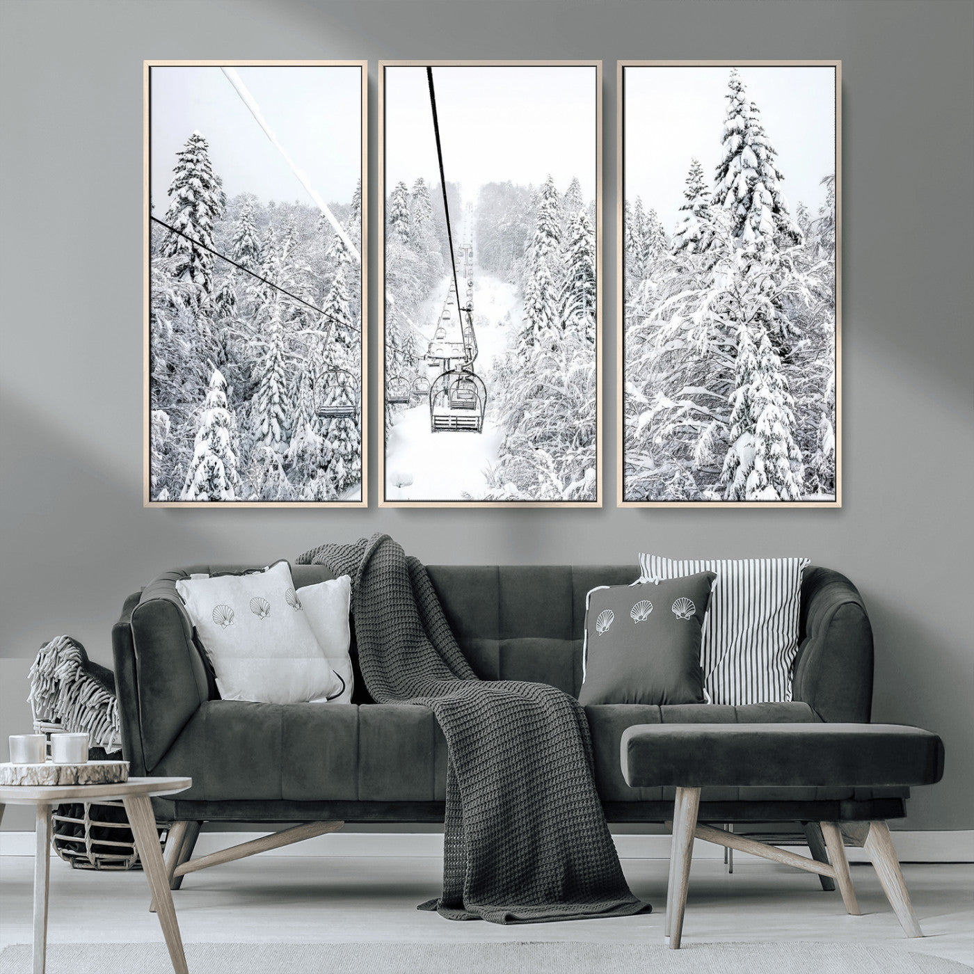 MGV-FC-48X32-3P - Snowy Mountains Wall Art Canvas Print, Framed Ski Lift Art Picture Print, Winter Forest Perfect