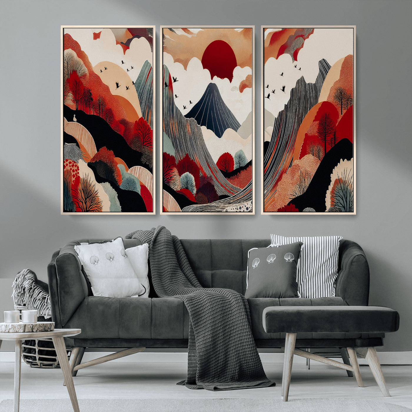 MGV-FC-48X32-3P - Abstract Mountain Wall Art Canvas Print, Framed Vibrant Landscape Art Picture Print, Stylized Nature Drawing Perfect Contemporary Minimalist Decor Artwork
