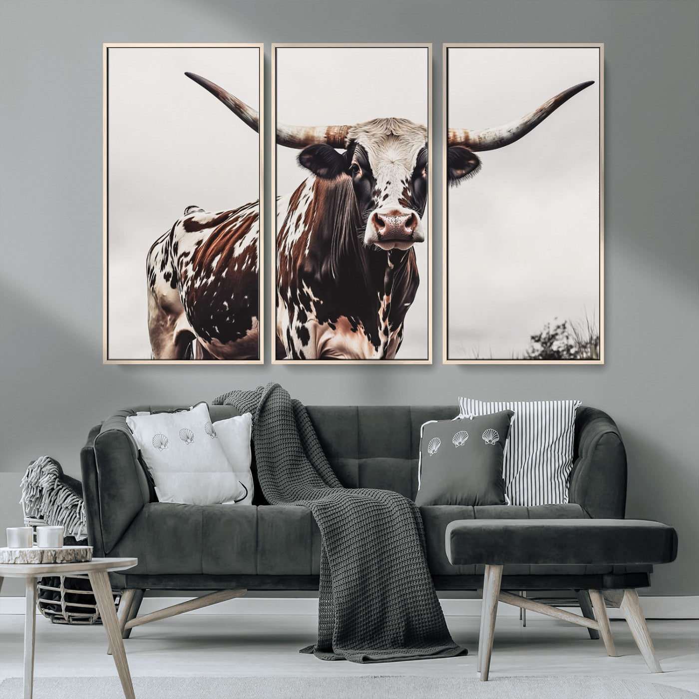 Close-up of a Texas Longhorn bull with powerful horns, perfect for rustic farmhouse or country-themed home decor. Ideal for animal lovers.