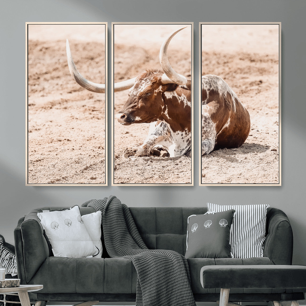 91248682-MGV-FC-48X32-3P_Natural-Texas Longhorn Wall Art Canvas Print – Framed Resting Bull Scene with Spotted Cattle Artwork for Home, Office