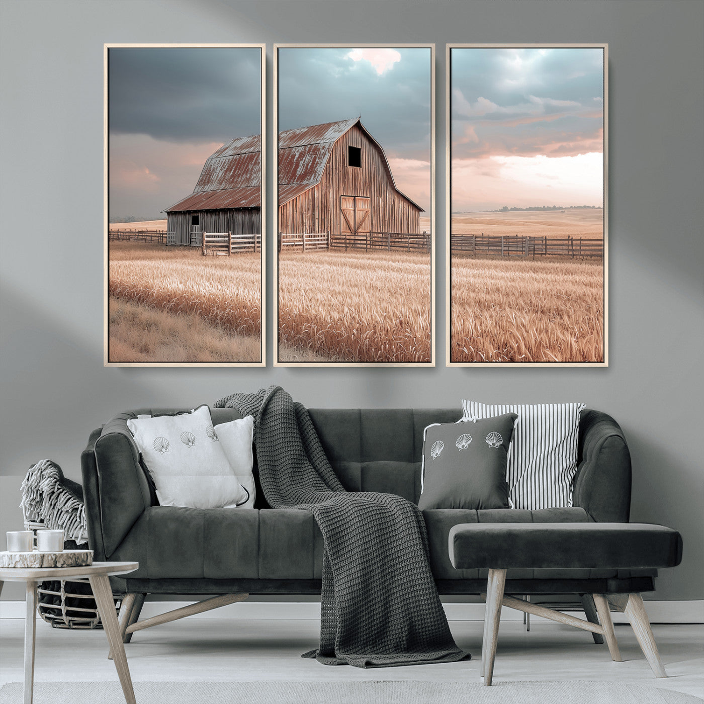 MGV-FC-48X32-3P - Rustic Barn Wall Art Canvas Print, Framed Wheat Field Art Picture Print, Sunset Barn Perfect Vintage Farmhouse Decor Artwork