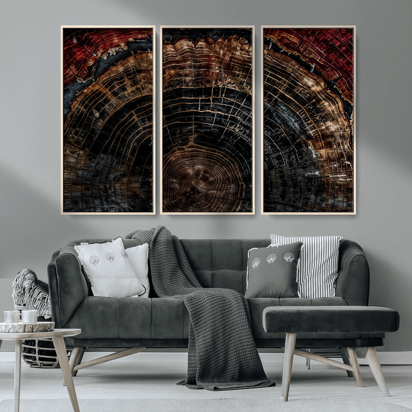 MGV-FC-48X32-3P - Dark Wood Ring Wall Art Canvas Print, Framed Abstract Wood Tree Art Picture Print, Rustic Tree Slice Perfect Rustic Decor Artwork