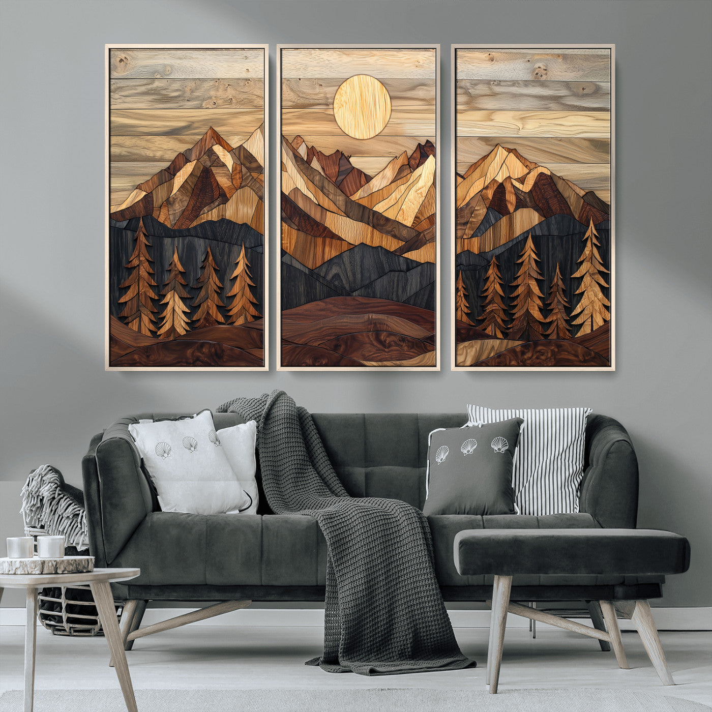 MGV-FC-48X32-3P - Wood Mountain Landscape Wall Art Canvas Print, Framed Sunset Hills Art Picture Print, Abstract Nature Perfect Boho Decor Artwork