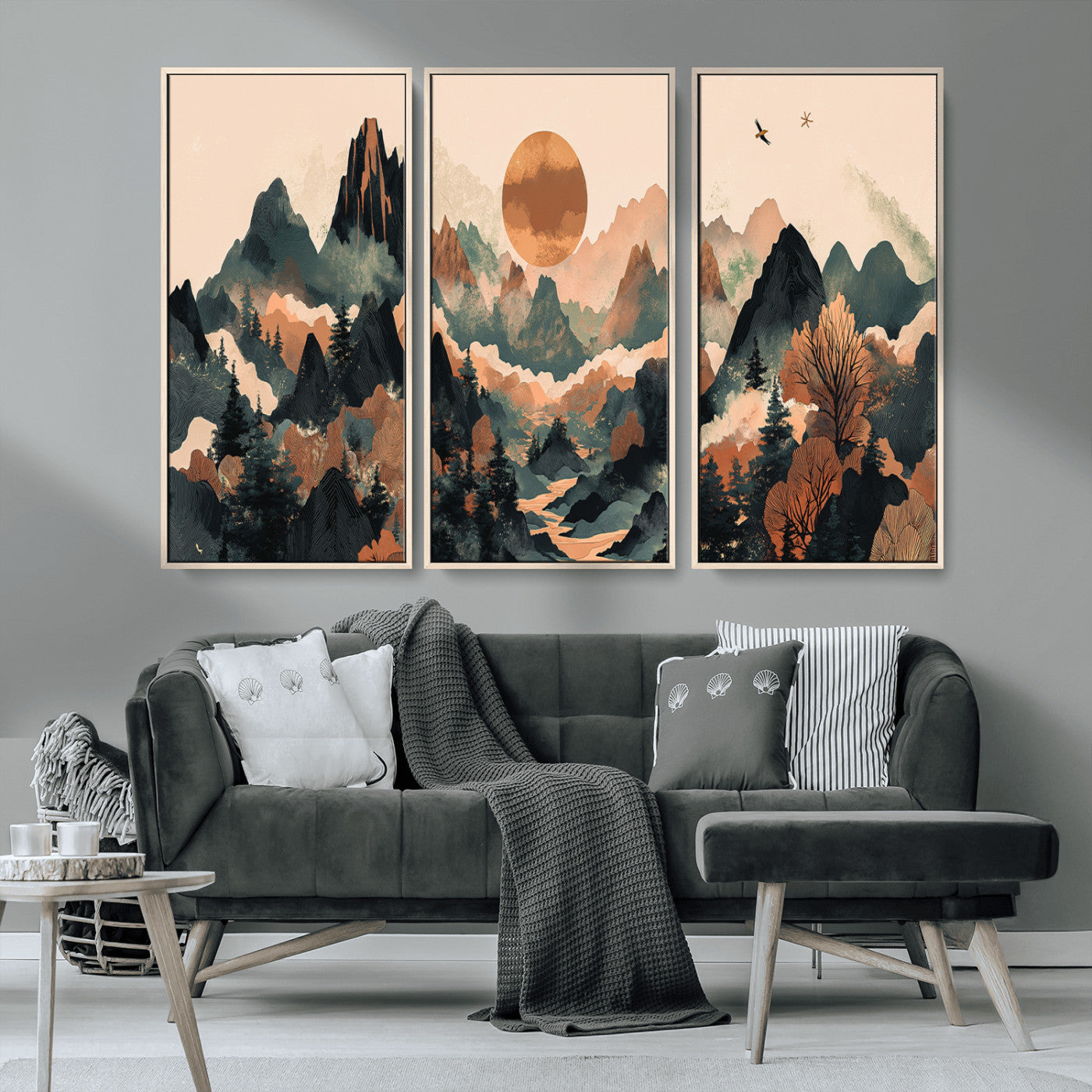 MGV-FC-48X32-3P - Wood Mountain Landscape Wall Art Canvas Print, Framed Sunset Hills Art Picture Print, Abstract Nature Perfect Boho Decor Artwork