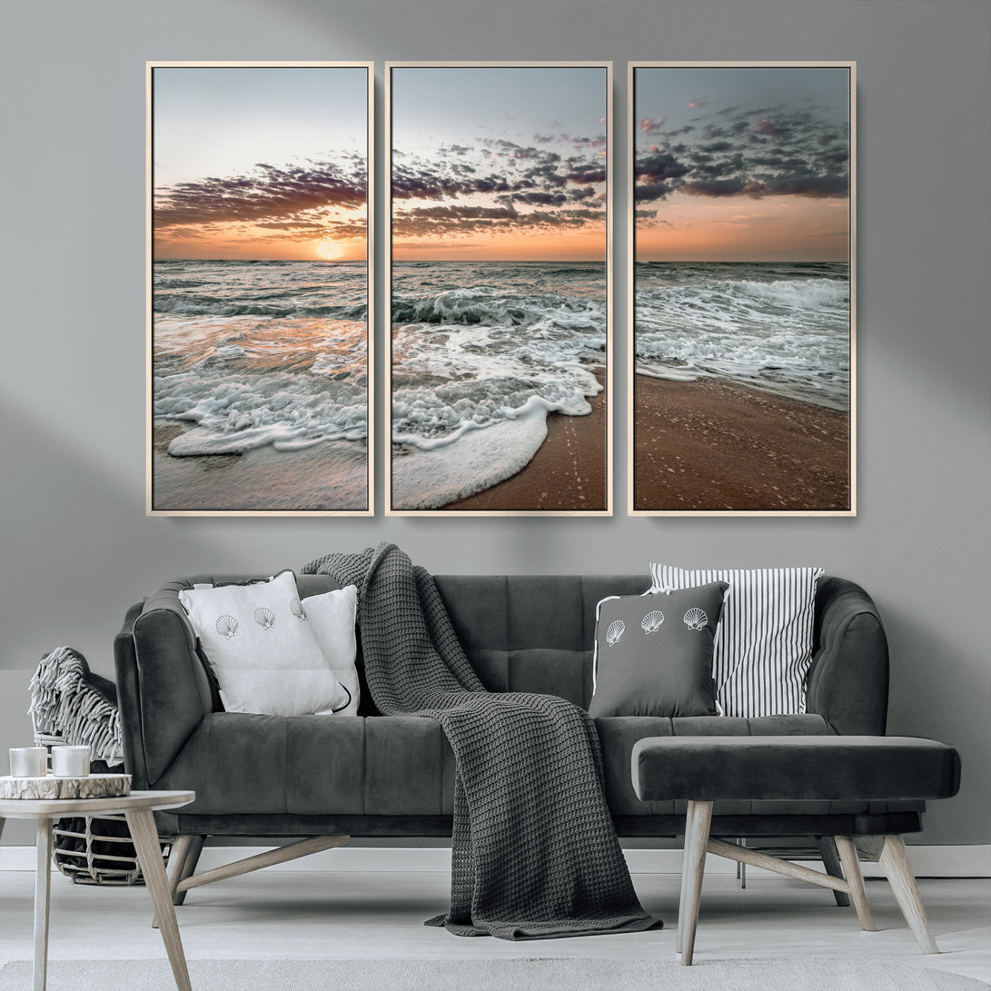MGV-FC-48X32-3P - Ocean Sunset Wall Art Canvas Print, Framed Beach Waves Art Picture Print, Coastal Scene Perfect Coastal Decor Artwork