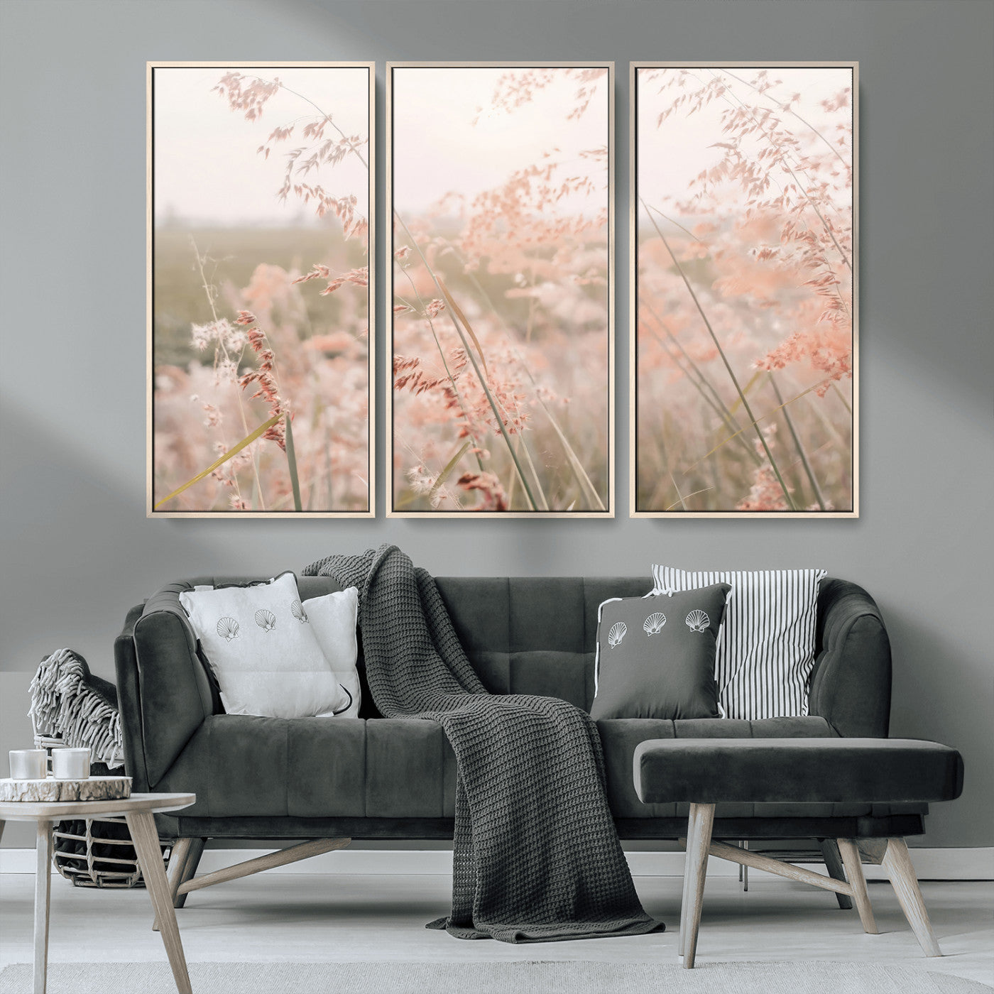 MGV-FC-48X32-3P - Pastel Grasses Wall Art Canvas Print, Framed Soft Meadow Art Picture Print, Field in Breeze Perfect Soft Pastel Minimal Decor Artwork