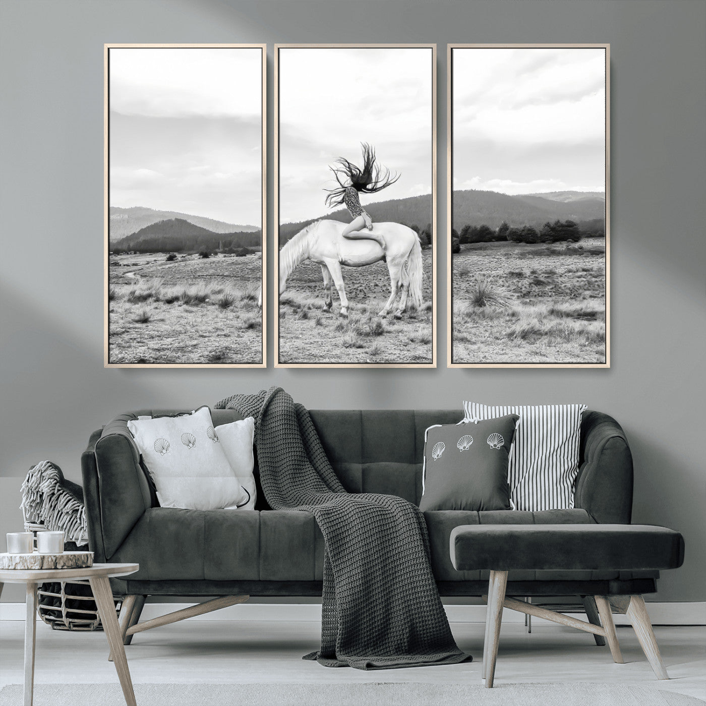 MGV-FC-48X32-3P - White Horse Wall Art Canvas Print, Framed Woman Rider Art Picture Print, Equestrian Pose Perfect Western Boho Decor Artwork