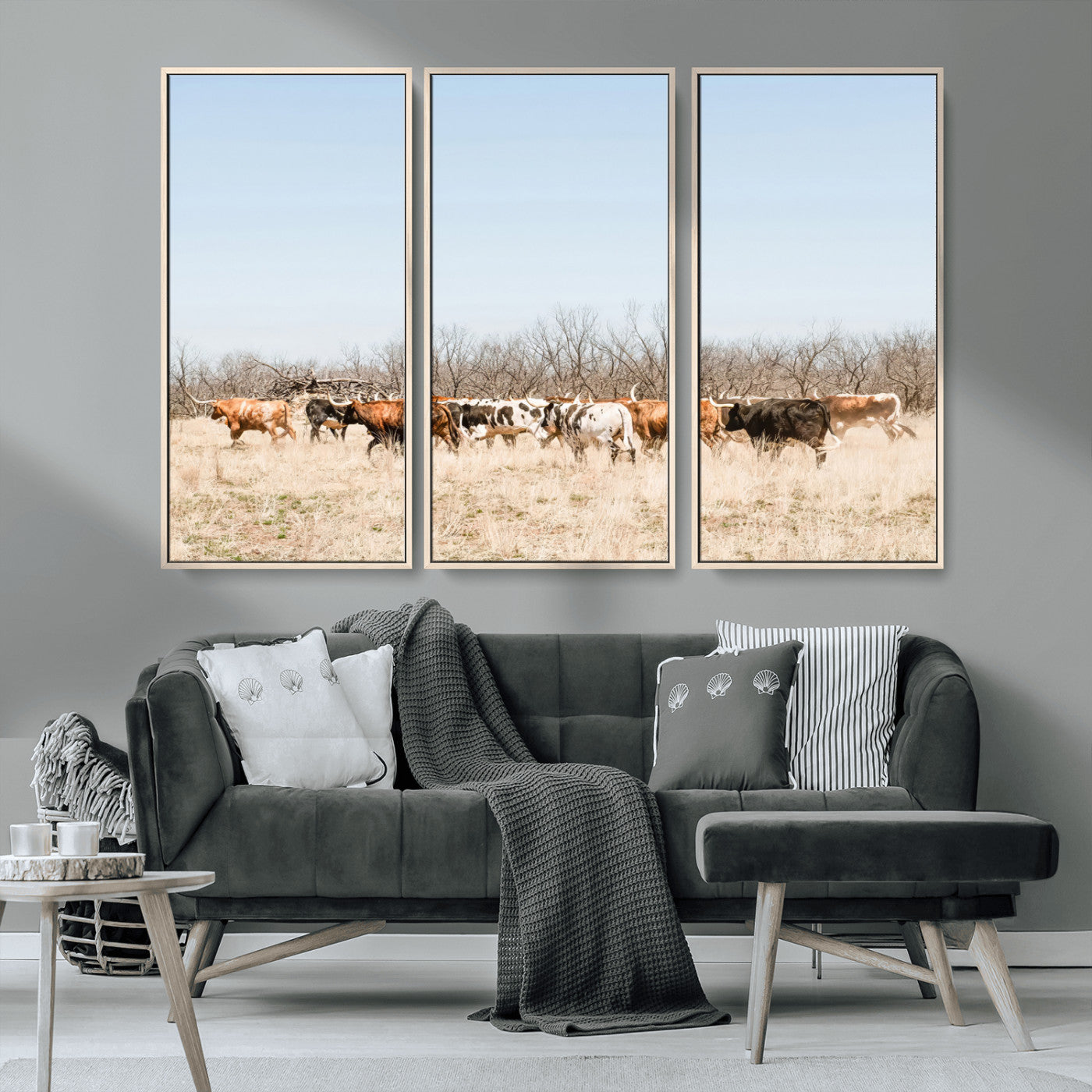 MGV-FC-48X32-3P - Texas Longhorns Wall Art Canvas Print, Framed Western Cattles Art Picture Print, Rustic Herd Perfect Rustic Farmhouse Decor Artwork