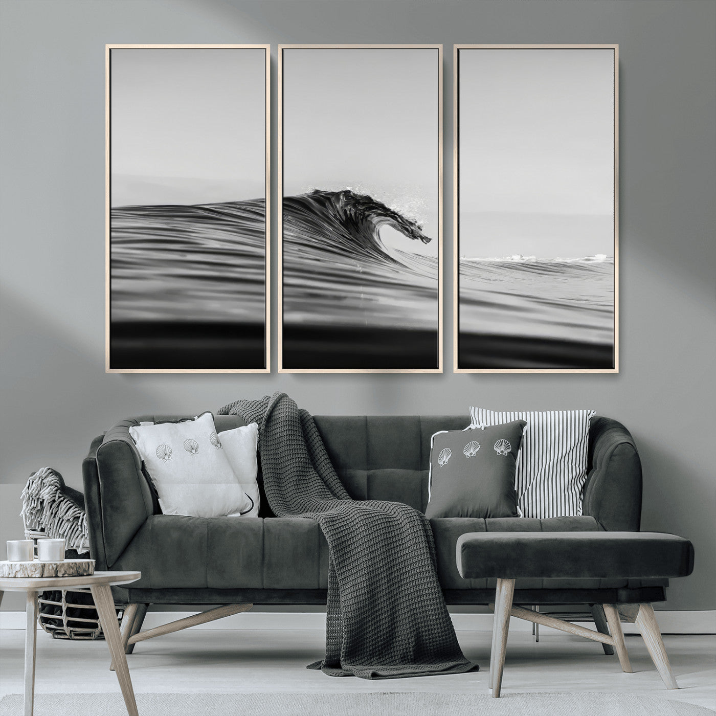 MGV-FC-48X32-3P - Black Wave Wall Art Canvas Print, Framed Abstract Surf Art Picture Print, Minimalist Ocean Perfect Minimalist Coastal Decor Artwork