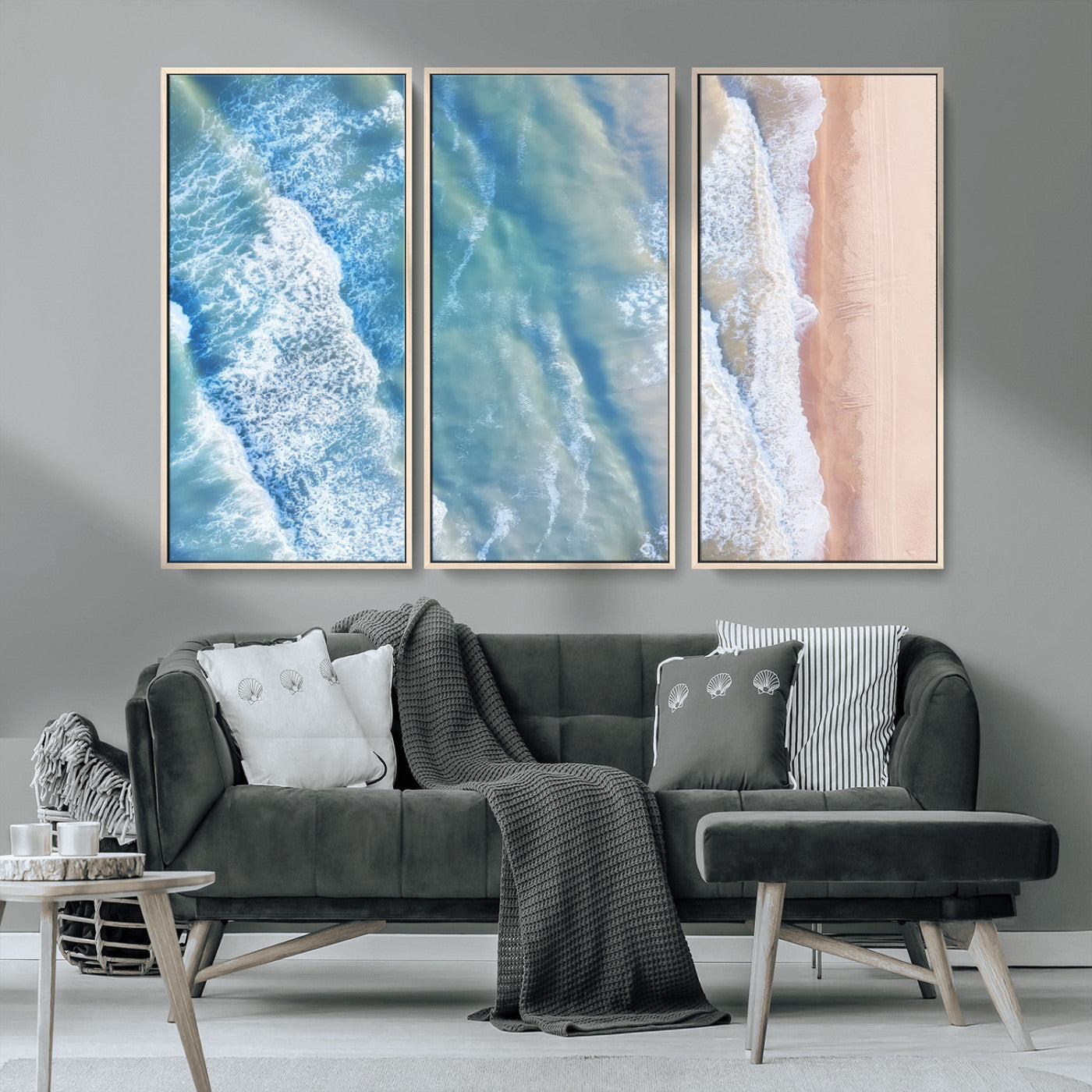MGV-FC-48X32-3P - Aerial Ocean View Wall Art Canvas Print, Framed Soft Blue Waves Art Picture Print, Sandy Shoreline Perfect Modern Coastal Decor Artwork