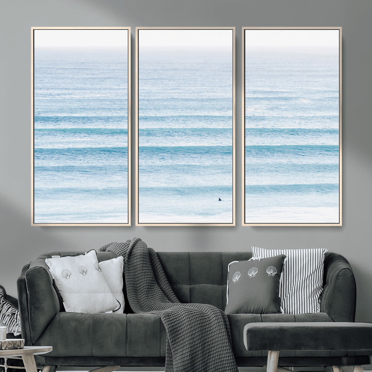 77145995-MGV-CV-36X24-Ocean Wave Surfer Wall Art – Framed Minimal Seascape Canvas Artwork, Calm Blue Water Design, Coastal Decor for Home, Office