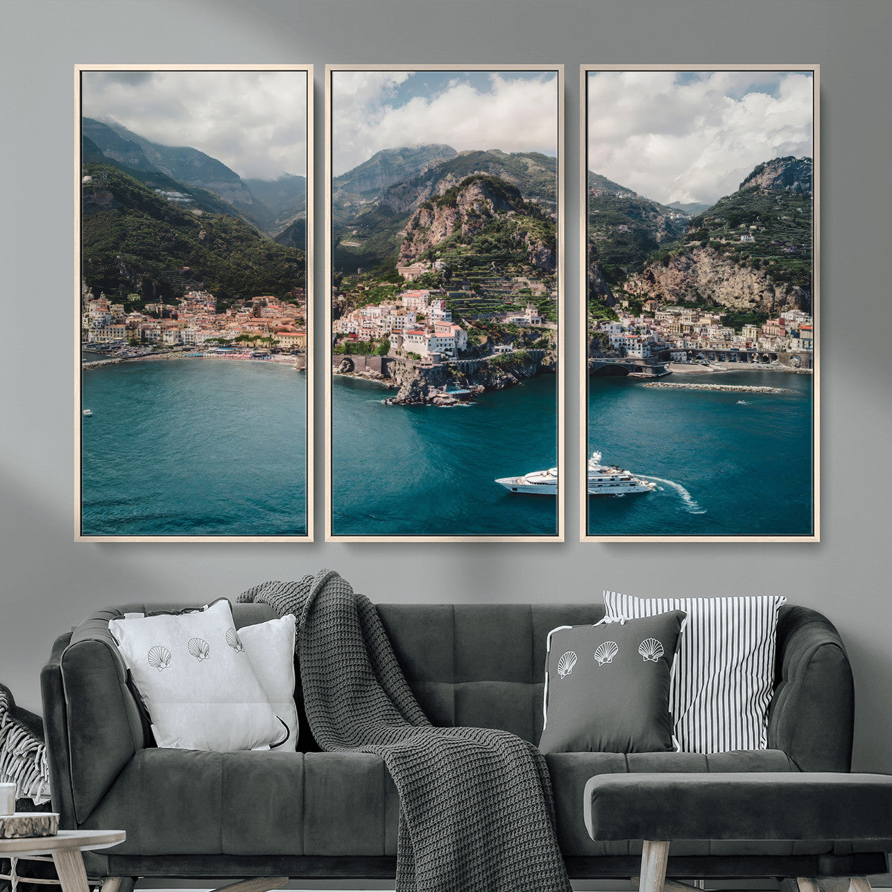 20321590-MGV-CV-36X24-Amalfi Coast Wall Art – Framed Italian Seaside Canvas Artwork, Mediterranean Landscape Design, Coastal Decor for Home, Office