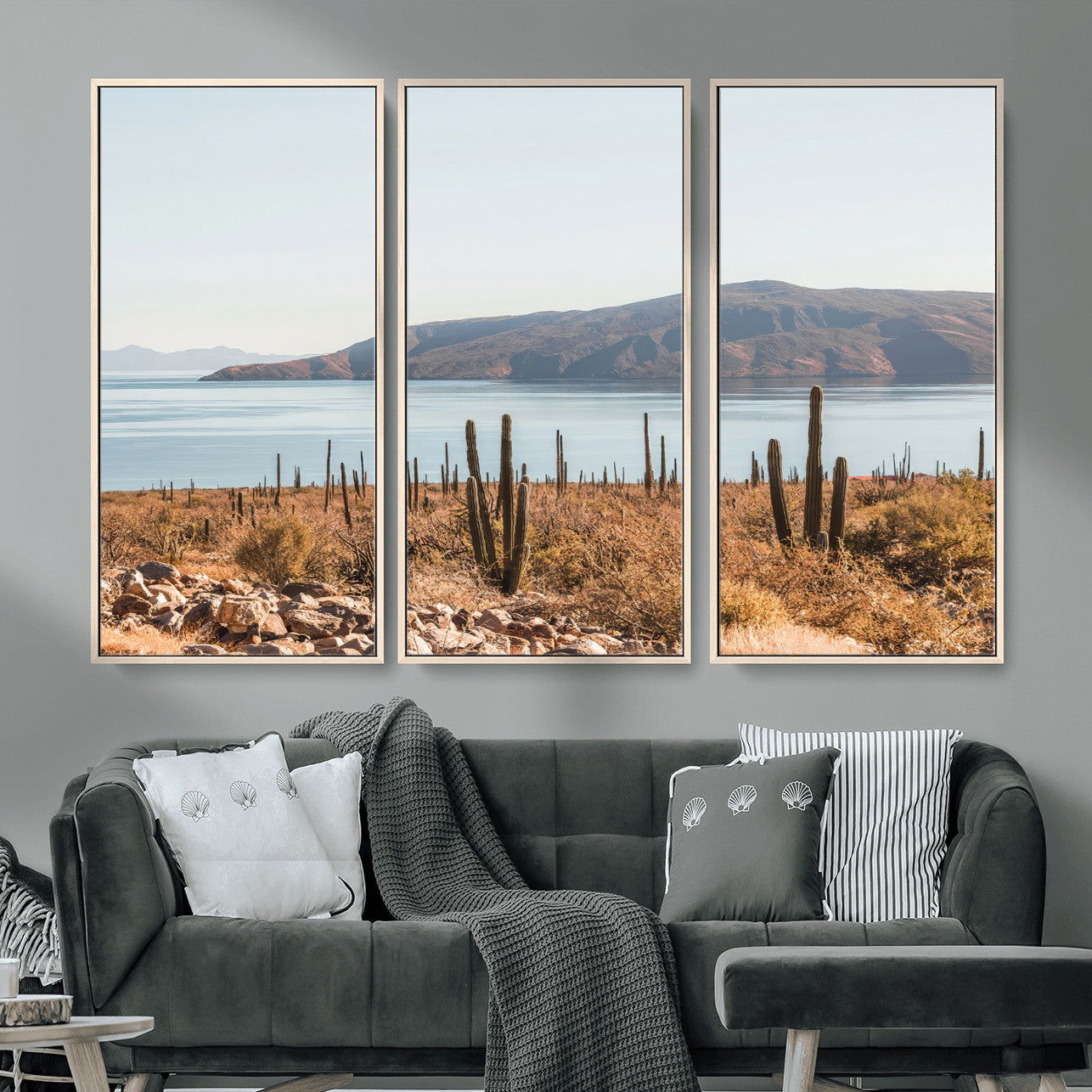 MGV-FC-48X32-3P - Desert Cactus Wall Art Canvas Print, Framed Baja Coastline Art Picture Print, Coastal Desert Perfect Southwestern Minimalist Decor Artwork