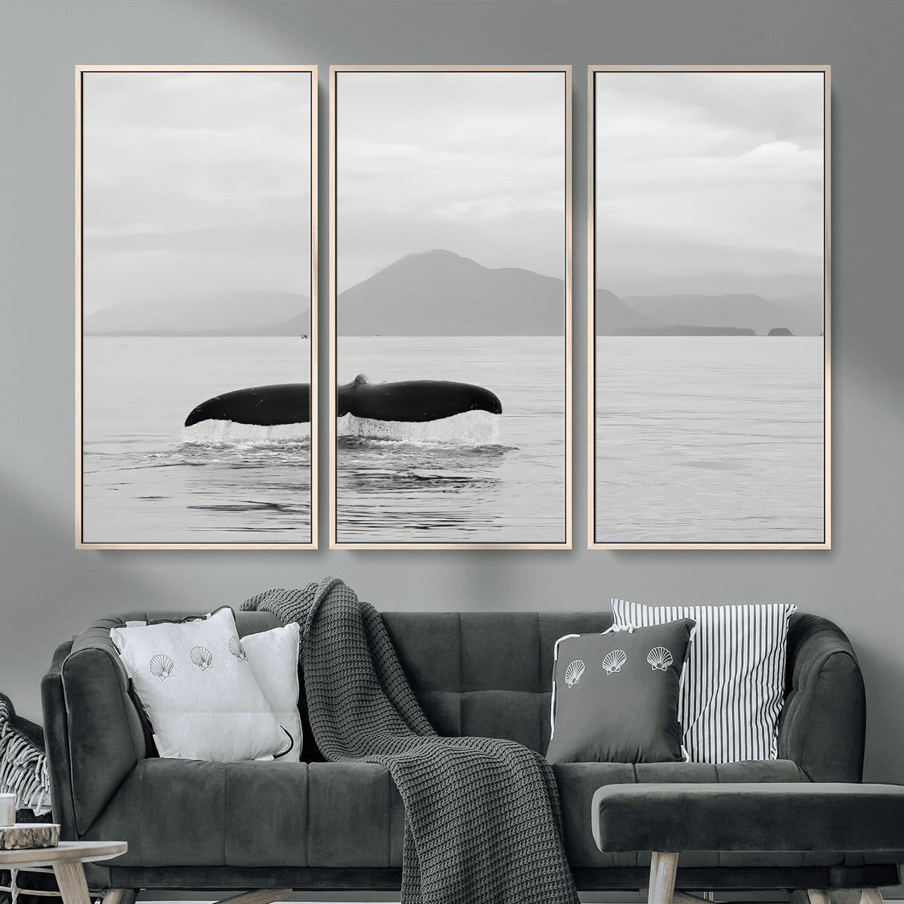 MGV-FC-48X32-3P - Whale Tail Wall Art Canvas Print, Framed Black White Ocean Art Picture Print, Calm Marine Perfect Minimalist Coastal Decor Artwork