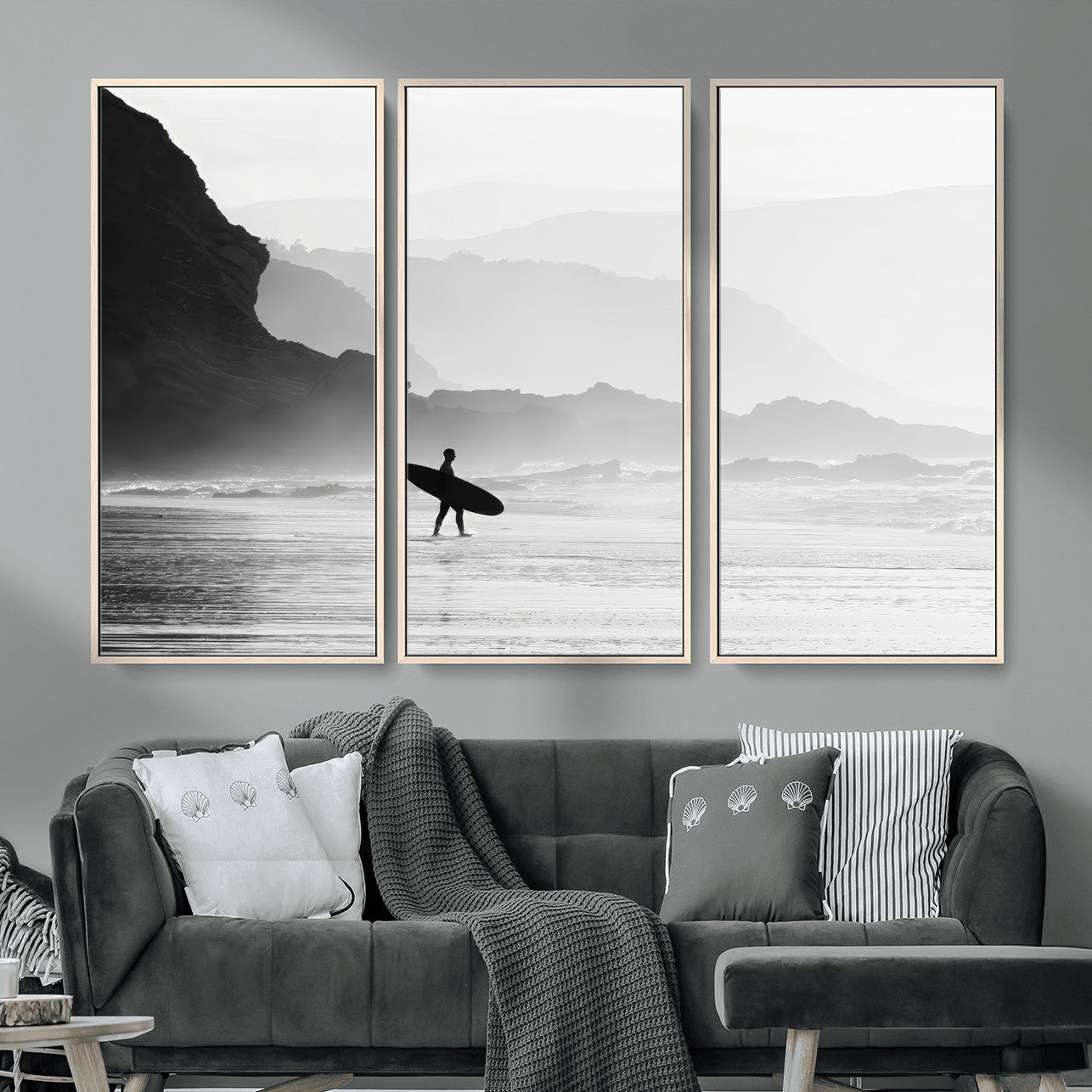 MGV-FC-48X32-3P - Surfer In Fog Wall Art Canvas Print, Framed Moody Shoreline Art Picture Print, Cliffside Waves Perfect Minimalist Coastal Decor Artwork