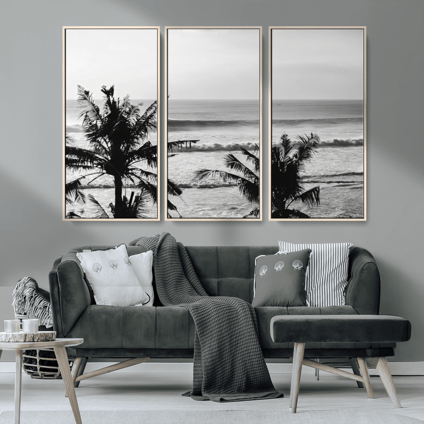 17508038-MGV-CV-36X24-Tropical Coastline Wall Art Canvas Print – Framed Palm Trees Scene with Ocean Waves Artwork for Home, Office