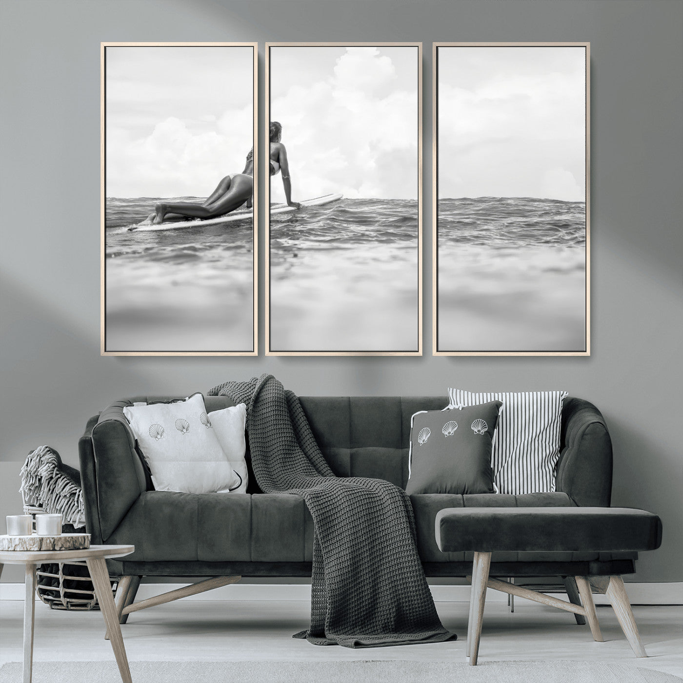 69798068-MGV-CV-36X24-Black and White Surfing Wall Art Canvas Print – Framed Ocean Horizon with Surfer Girl Coastal Adventure Artwork for Home, Office