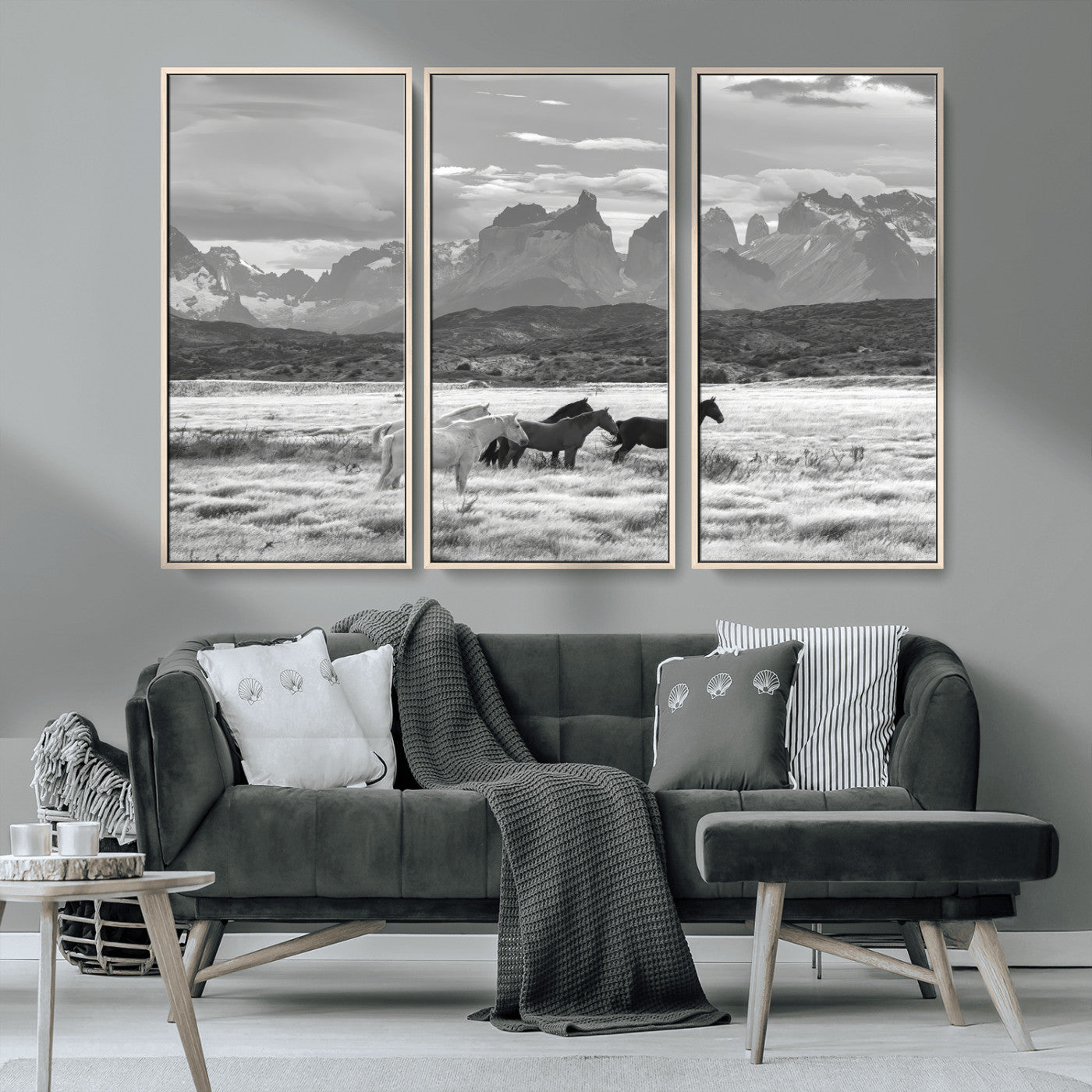 MGV-FC-48X32-3P - Wild Horses Wall Art Canvas Print, Framed Black White Mountains Art Picture Print, Rustic Countryside Perfect Rustic Western Decor Artwork