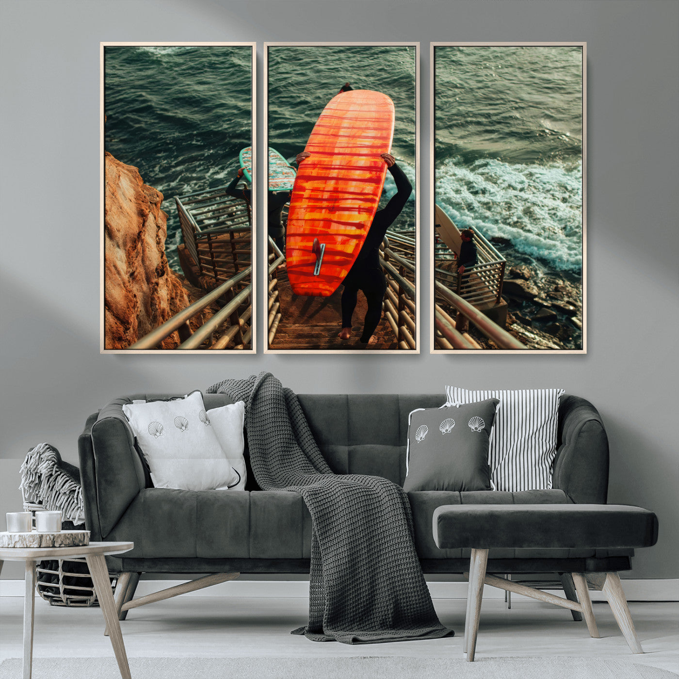 MGV-FC-48X32-3P - Surfer Stairway Wall Art Canvas Print, Framed Ocean Surf Art Picture Print, Sunset Coastal Perfect Coastal Adventure Decor Artwork