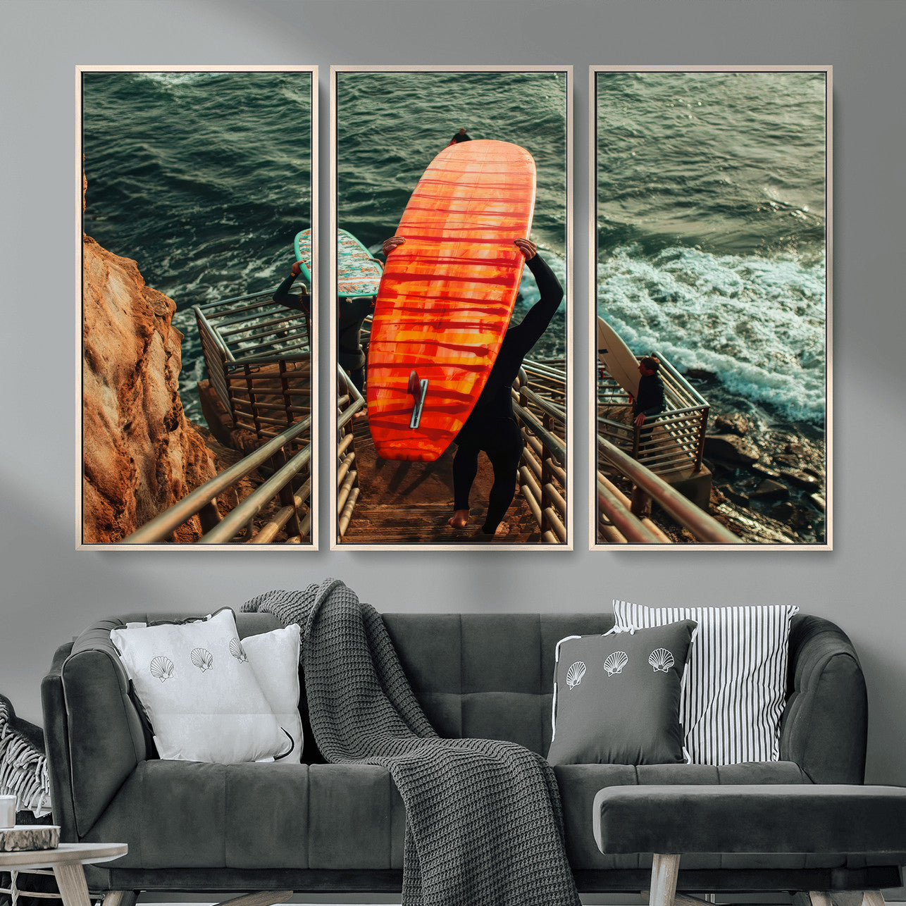 MGV-FC-48X32-3P - Surfer Stairway Wall Art Canvas Print, Framed Ocean Surf Art Picture Print, Sunset Coastal Perfect Coastal Adventure Decor Artwork