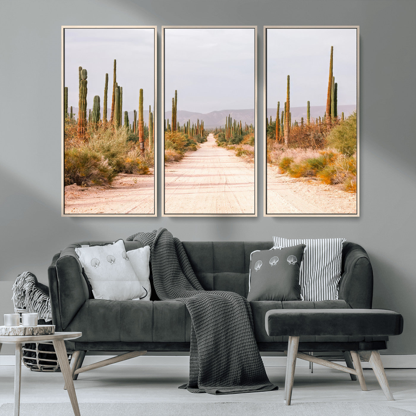 MGV-FC-48X32-3P - Desert Cactus Lined Road Wall Art Canvas Print, Framed Southwestern Landscape Art Picture Print, Bohemian Western Aesthetic Perfect Southwestern Boho Decor Artwork