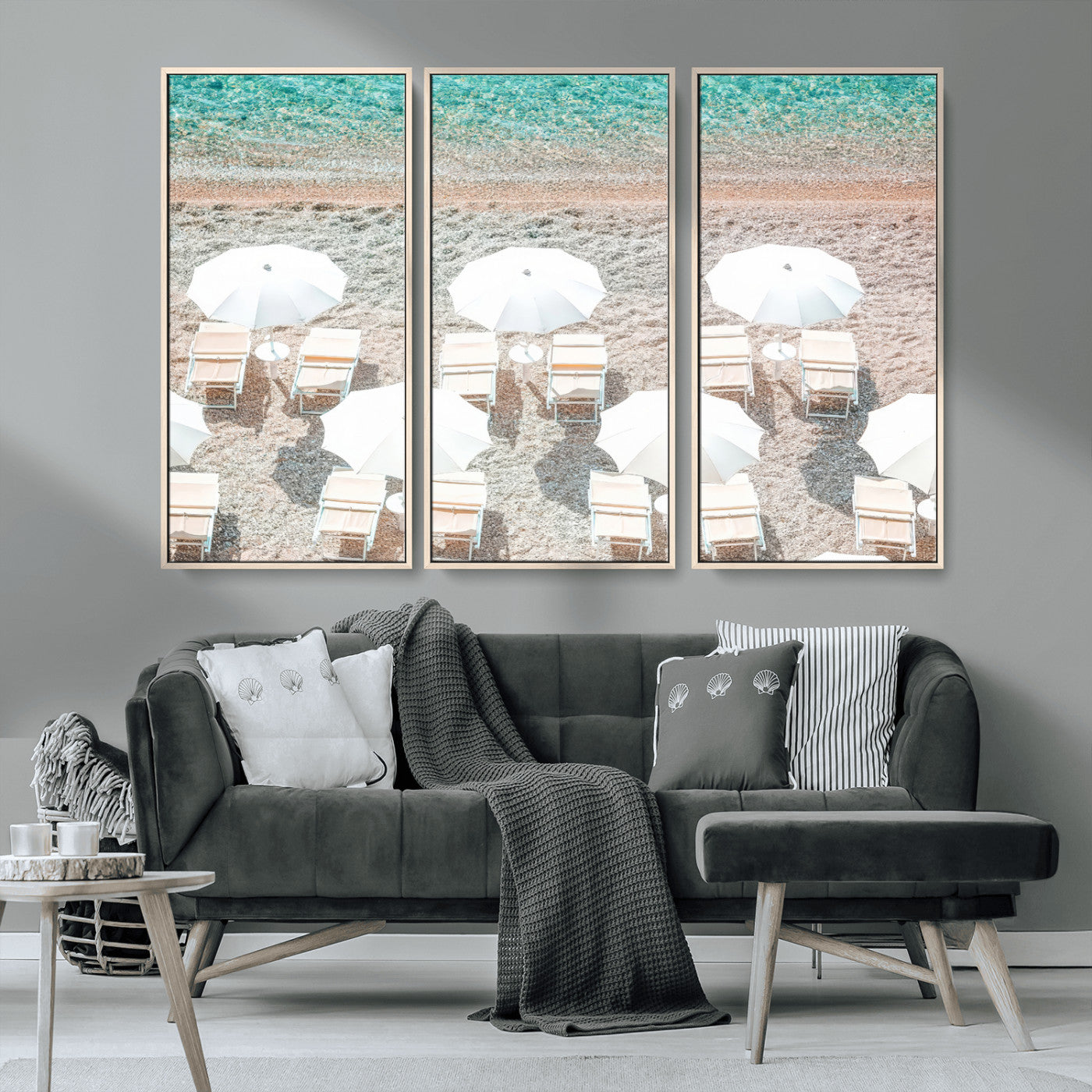 MGV-FC-48X32-3P - Calm Beach Wall Art Canvas Print, Framed Turquoise Water Art Picture Print, Umbrella Shoreline Perfect Coastal Minimalist Decor Artwork
